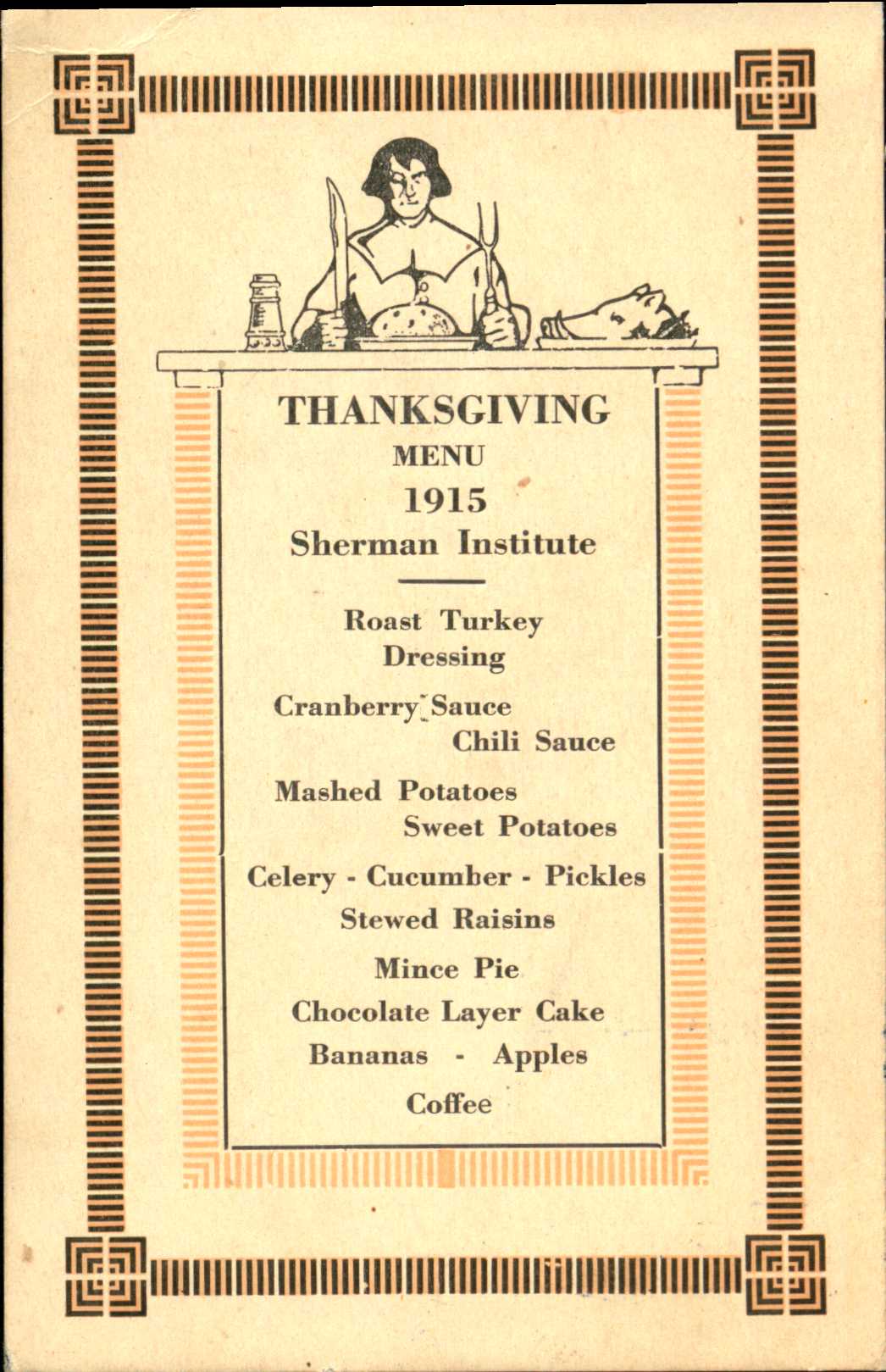 Menu shows an individual dressed as a pilgrim seated in front of a meal, below is the bill of fare
