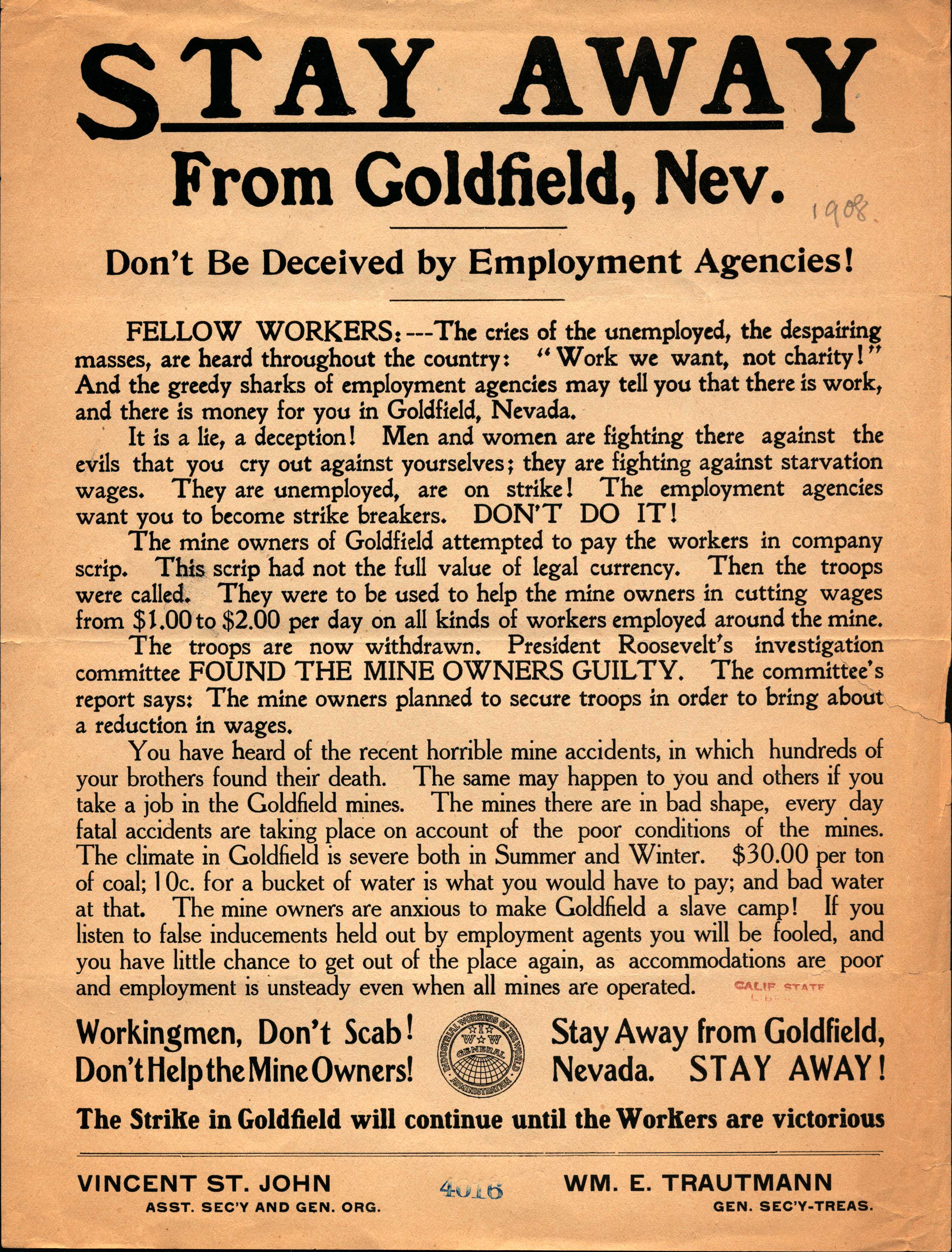 Shows a warning against scabbing in Goldfield Nevada
