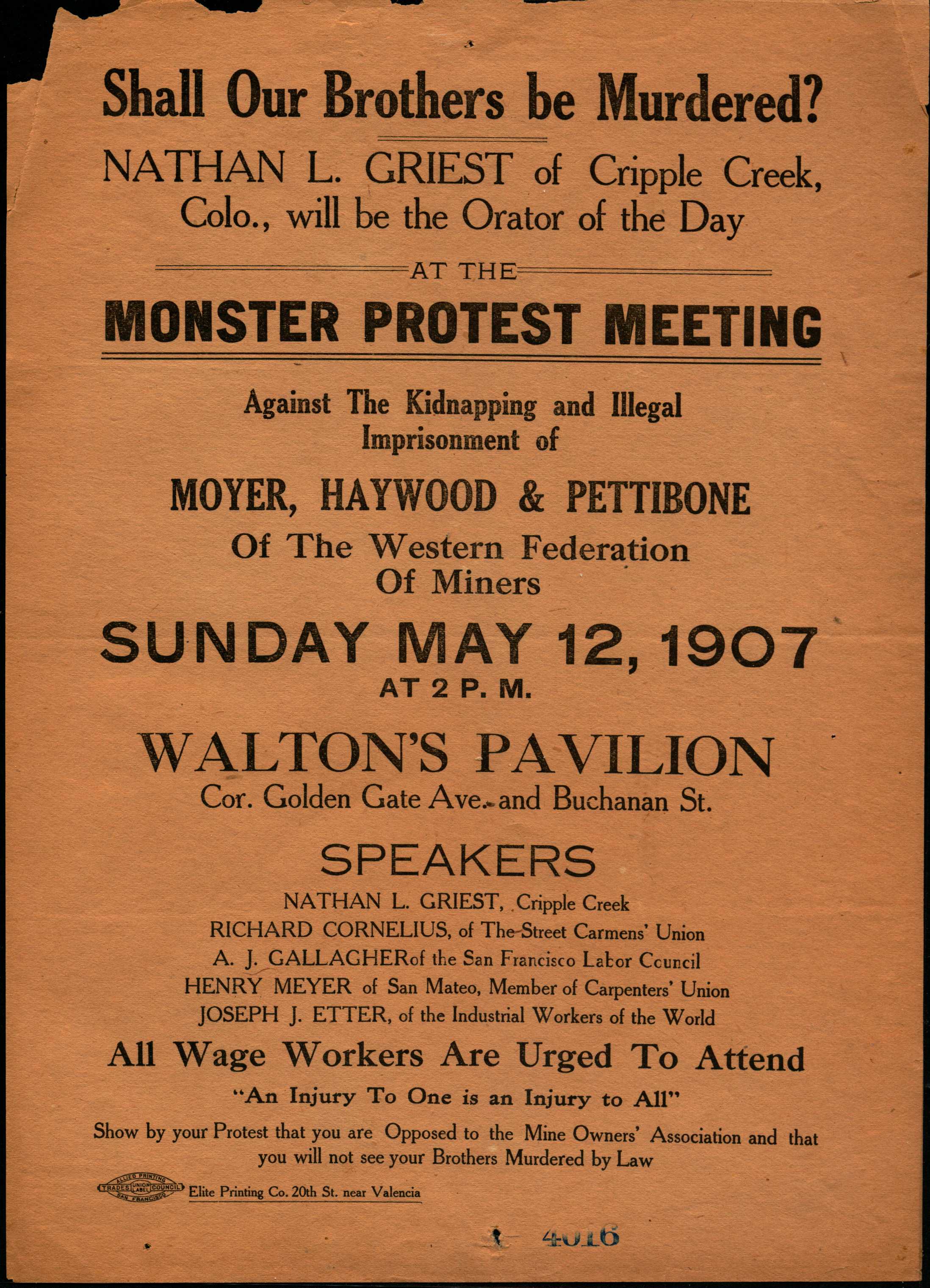 Shows information about the protest meeting such as where it met and various speakers