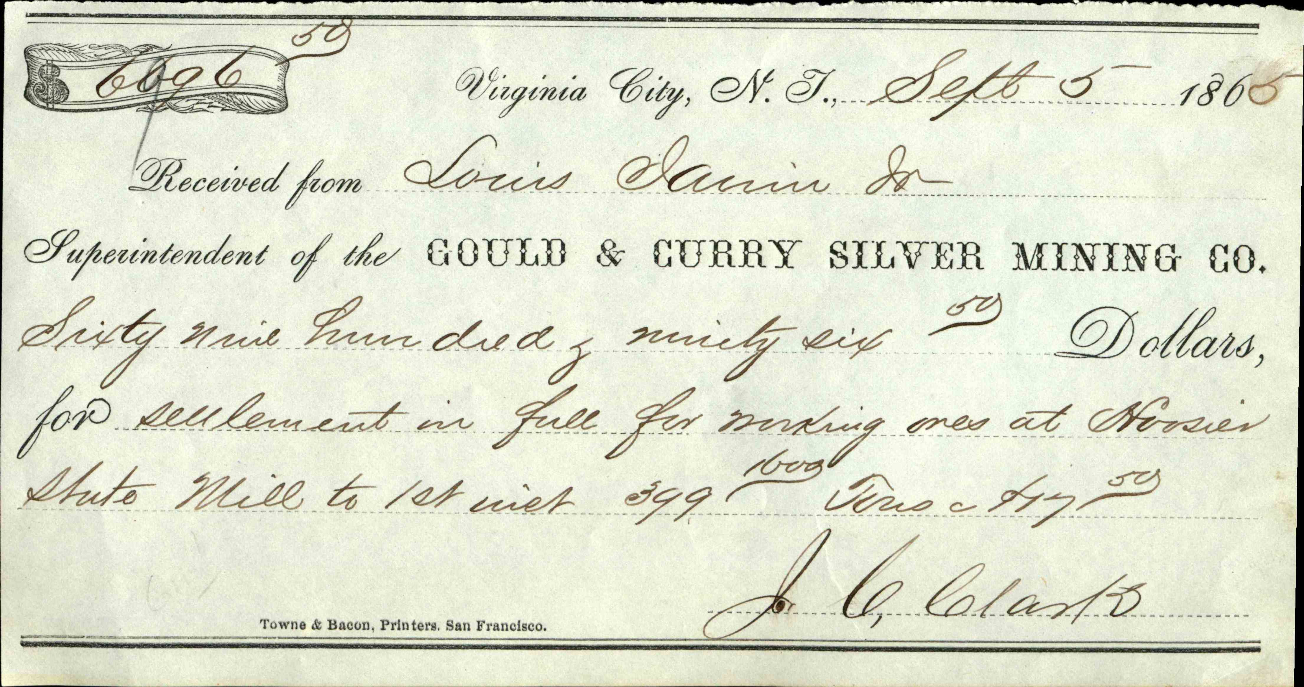 Receipt from Gould & Curry Silver Mining