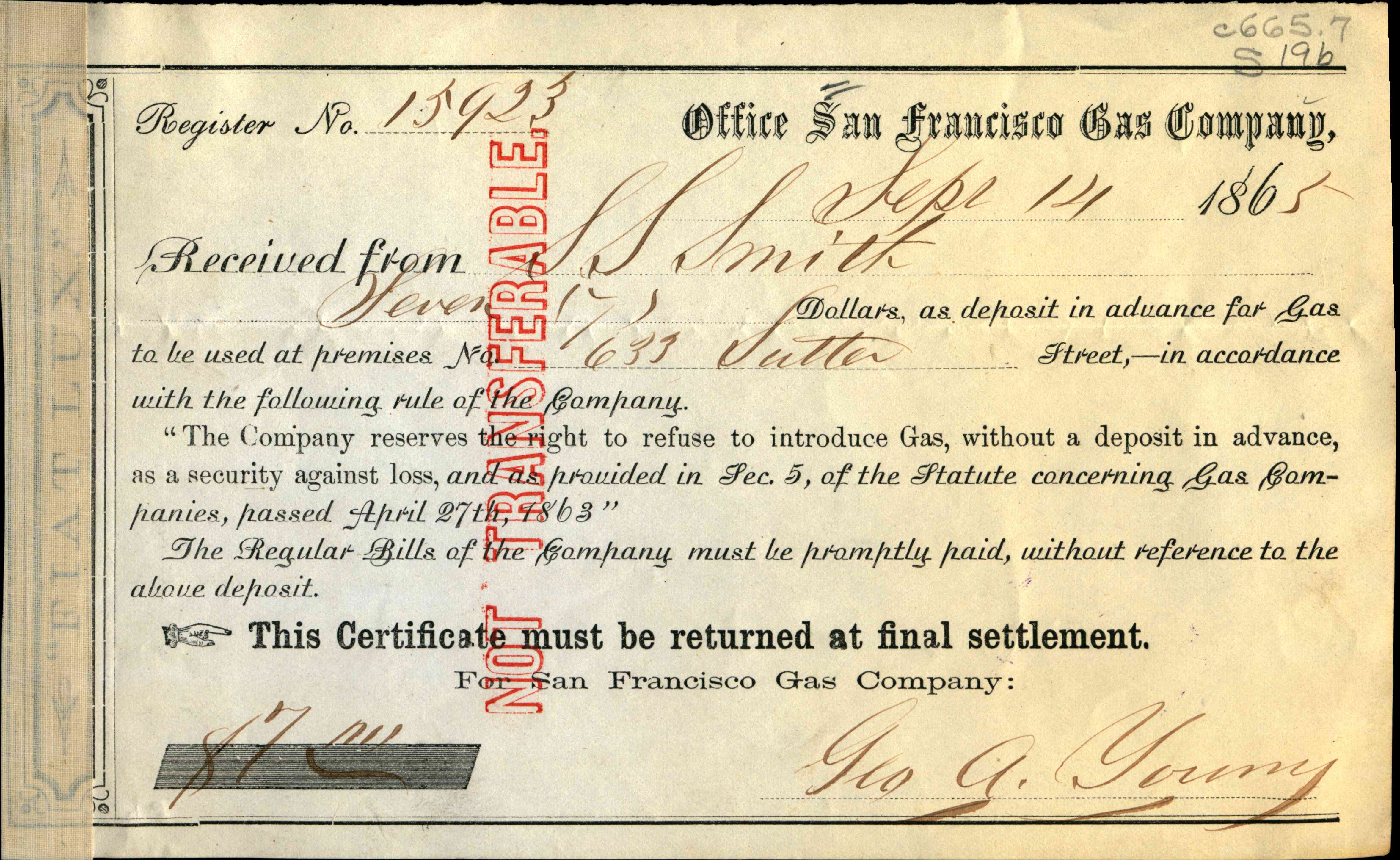 Receipt for payment to  San Francisco Gas company