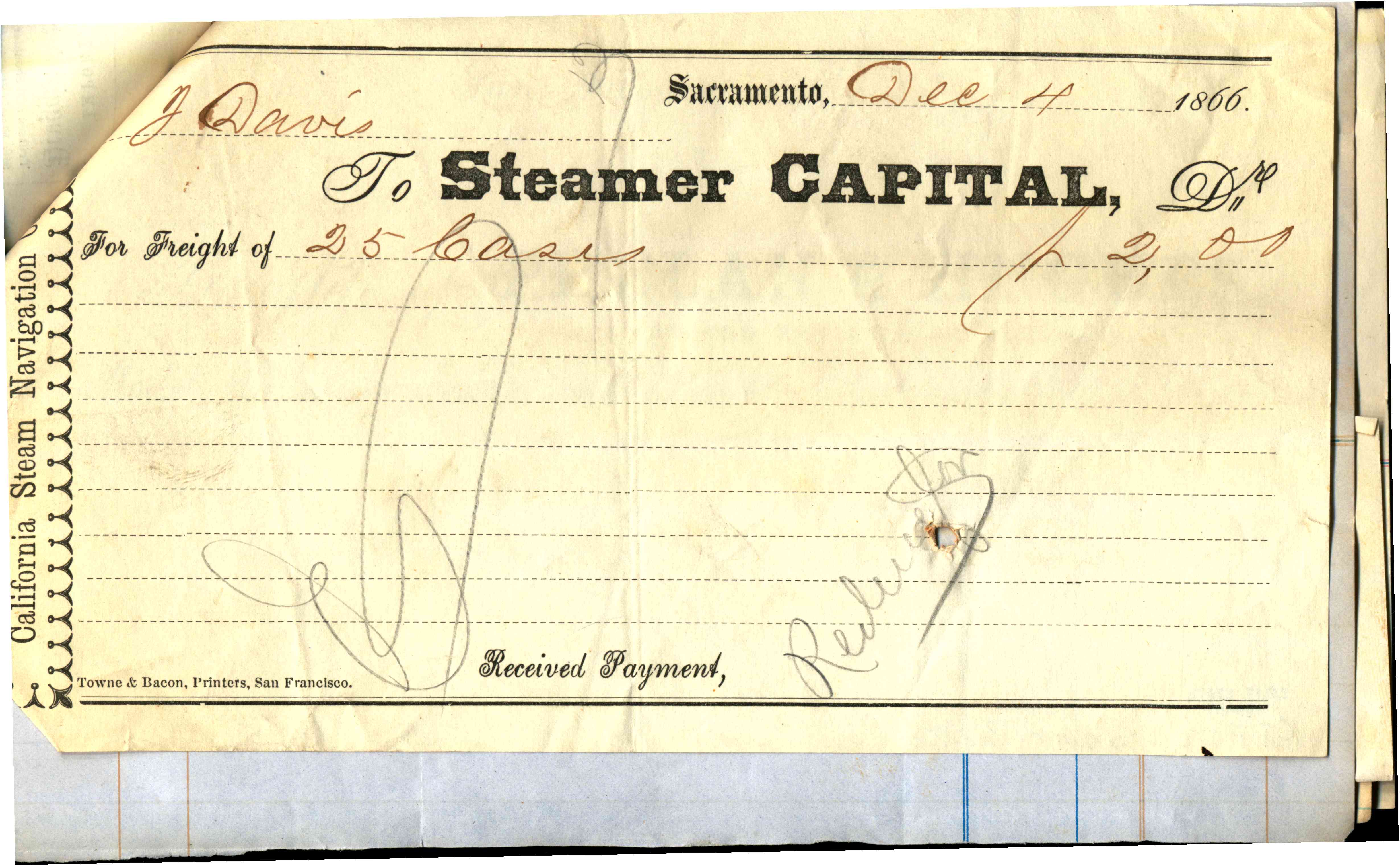 A receipt for Steamer Capital service