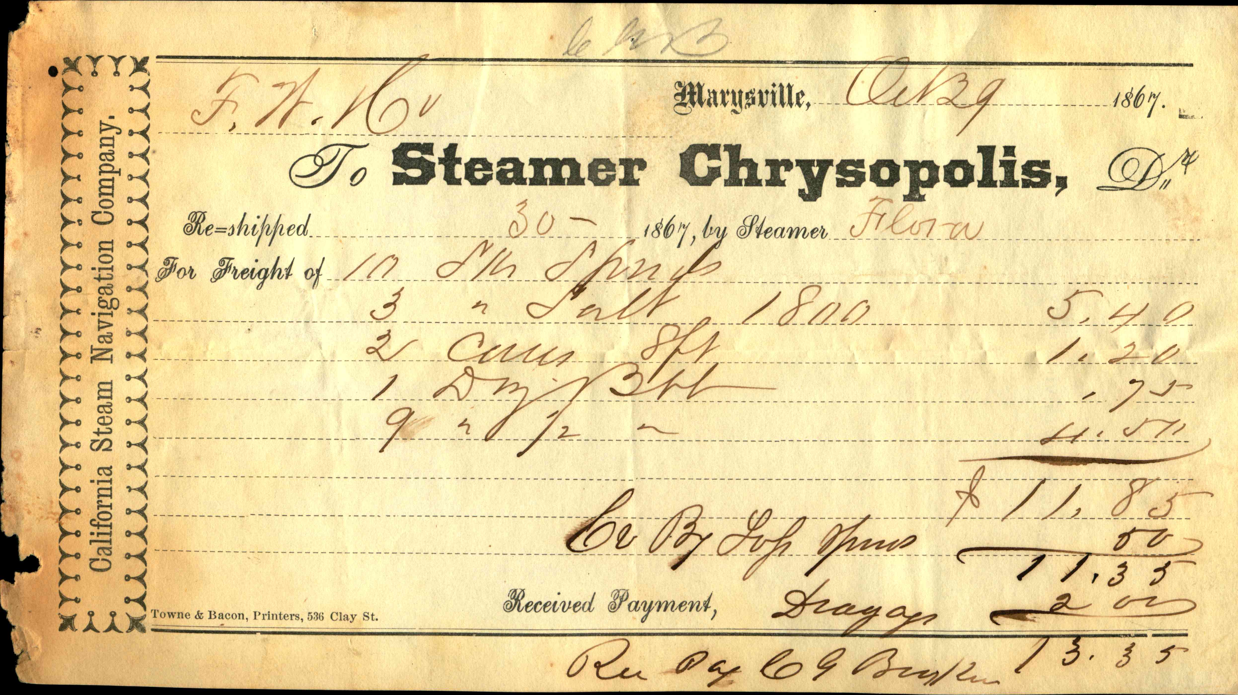 A California Steam Navigation Company on the left side of the receipt