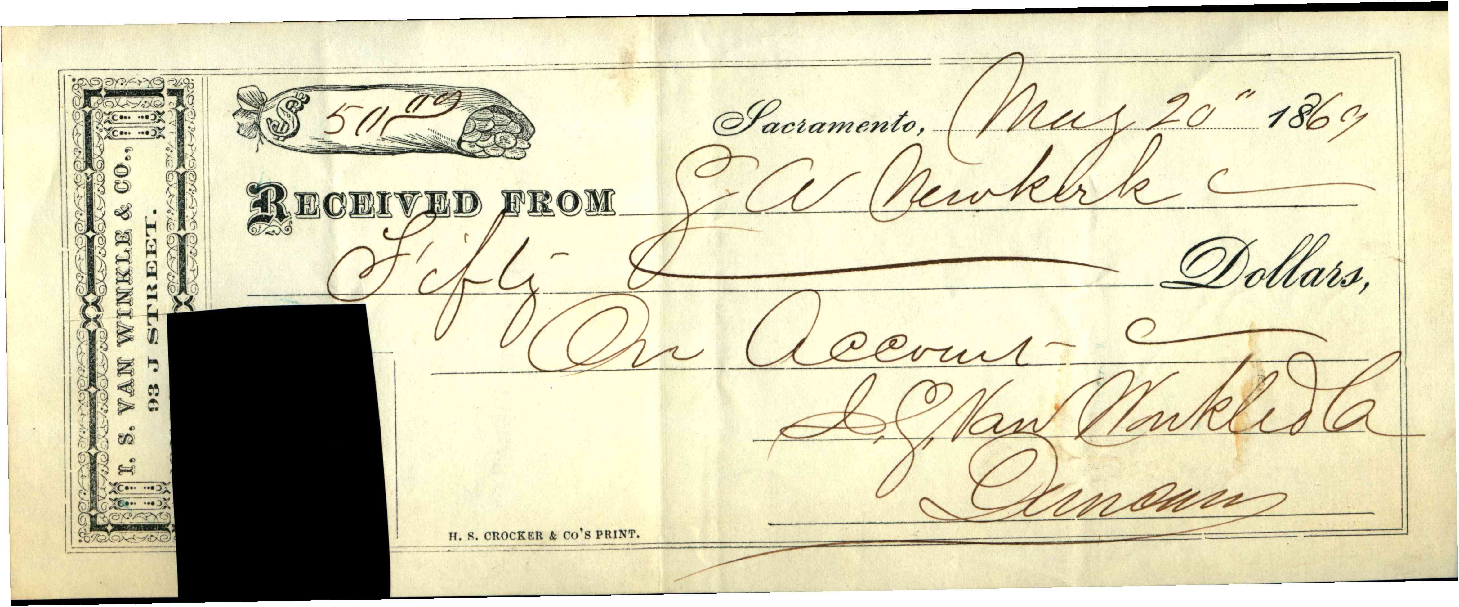 Three receipts dated: May 20, 1869, Sept. 18, 1869, & Dec. 28, 1869