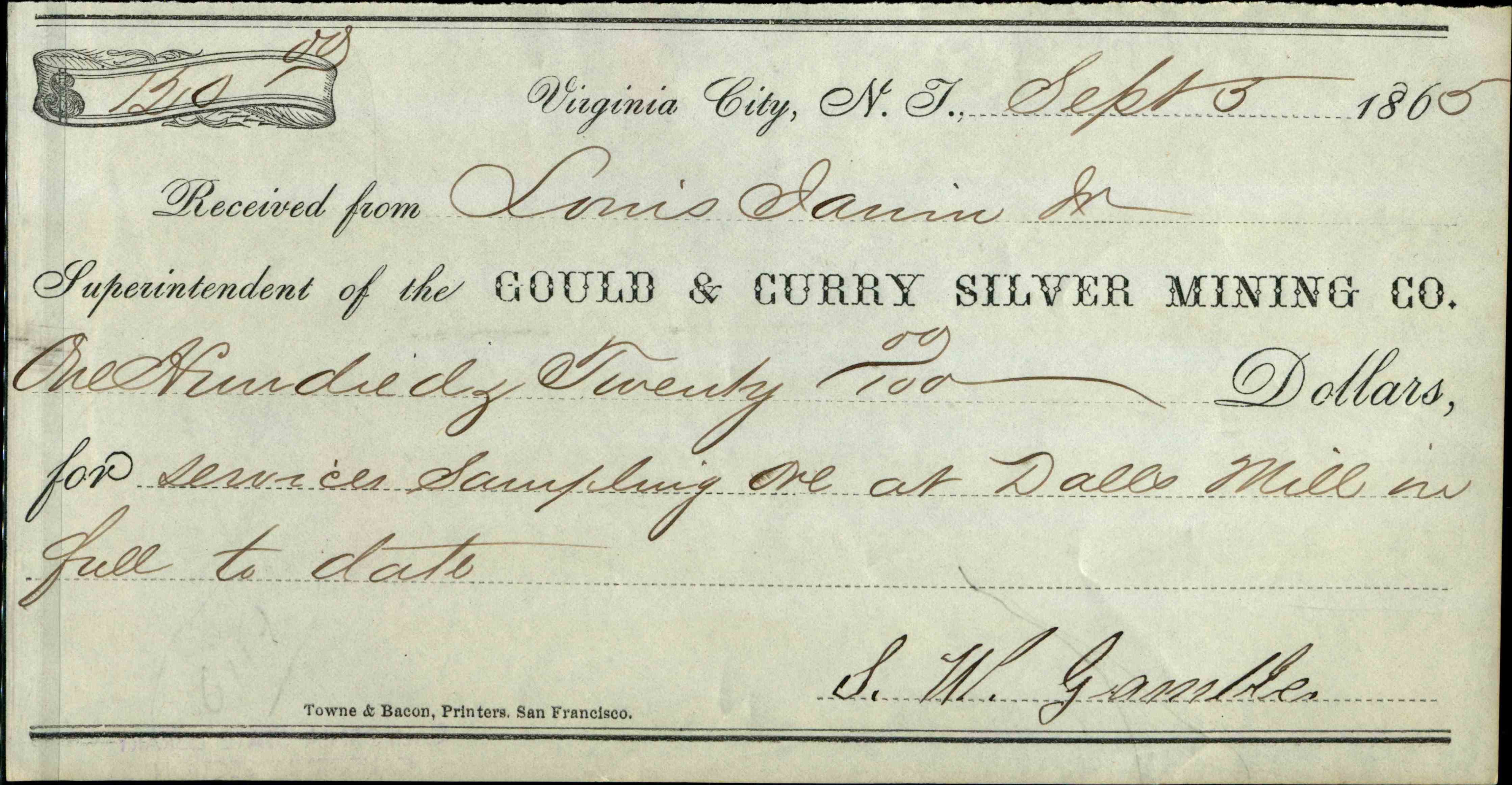 Receipt for Gould & Curry Silver Mining Co.
