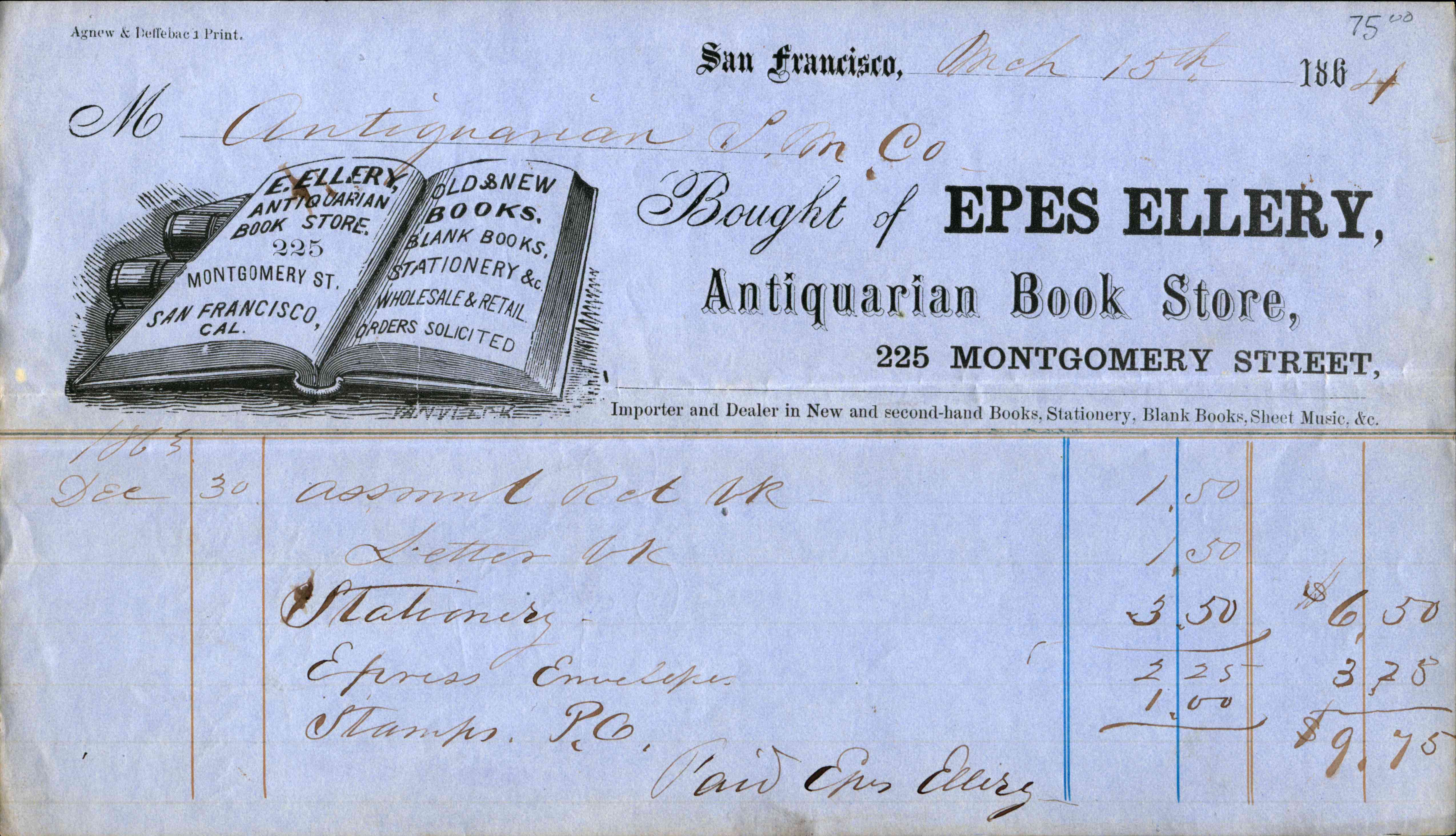 A book with Epes Ellery written in the book on the receipt