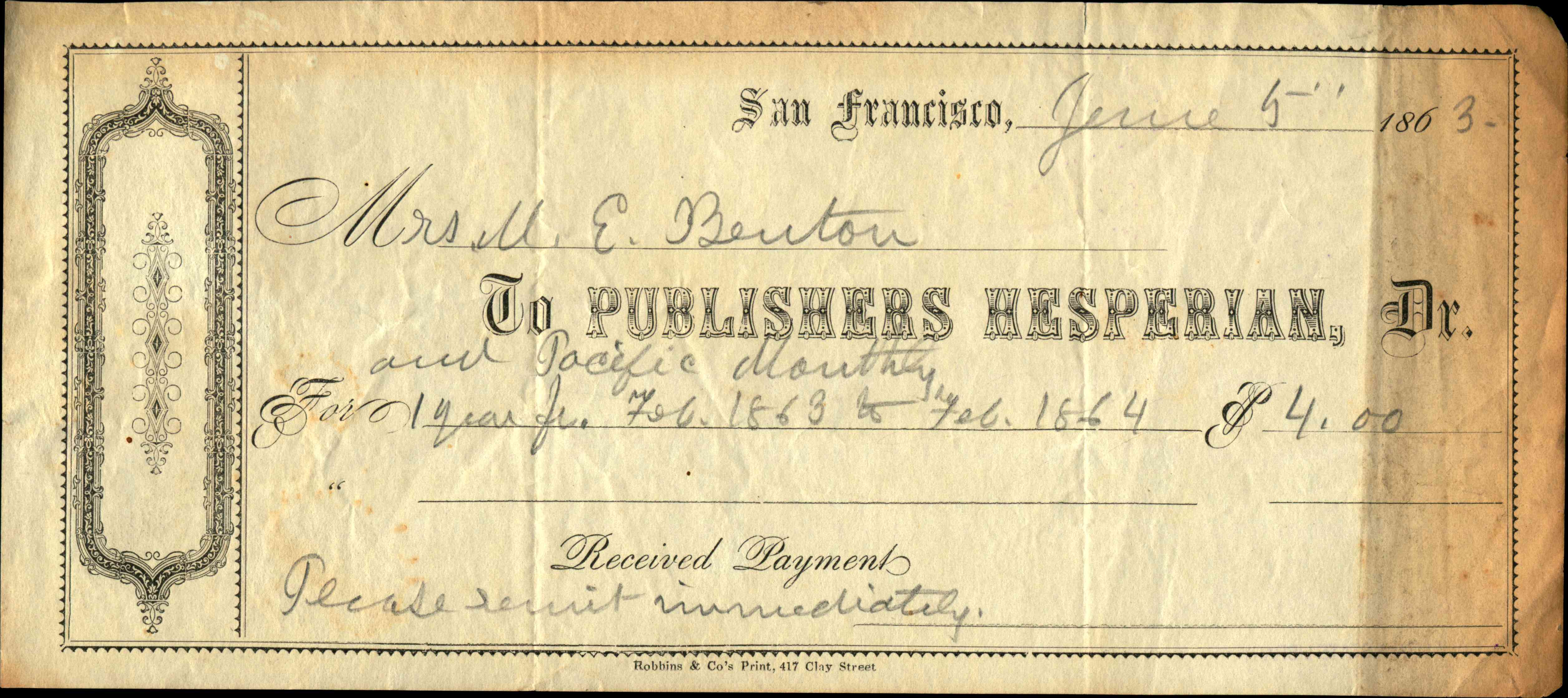 Receipt for payment to Publishers Hesperian