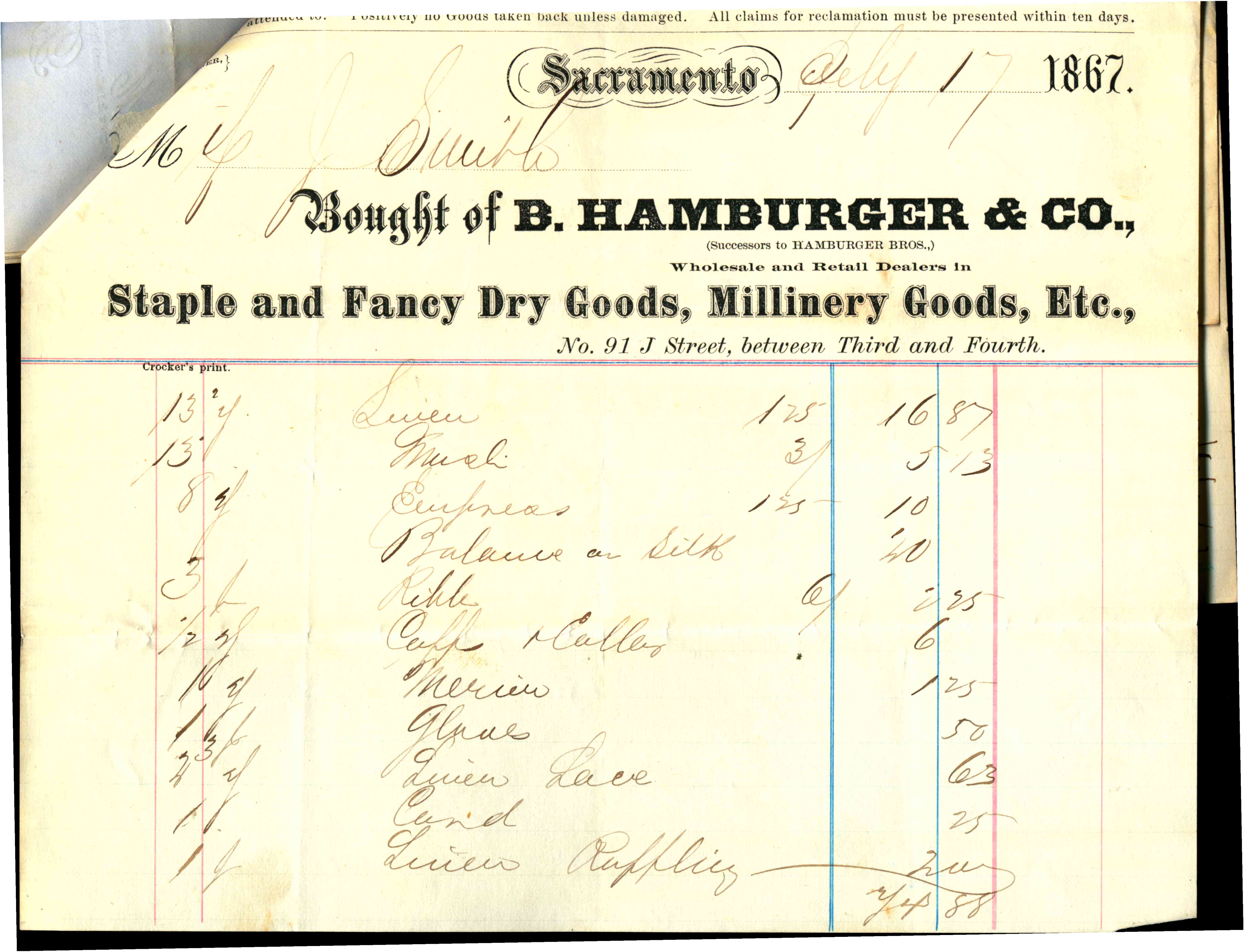 Receipt for millinery goods