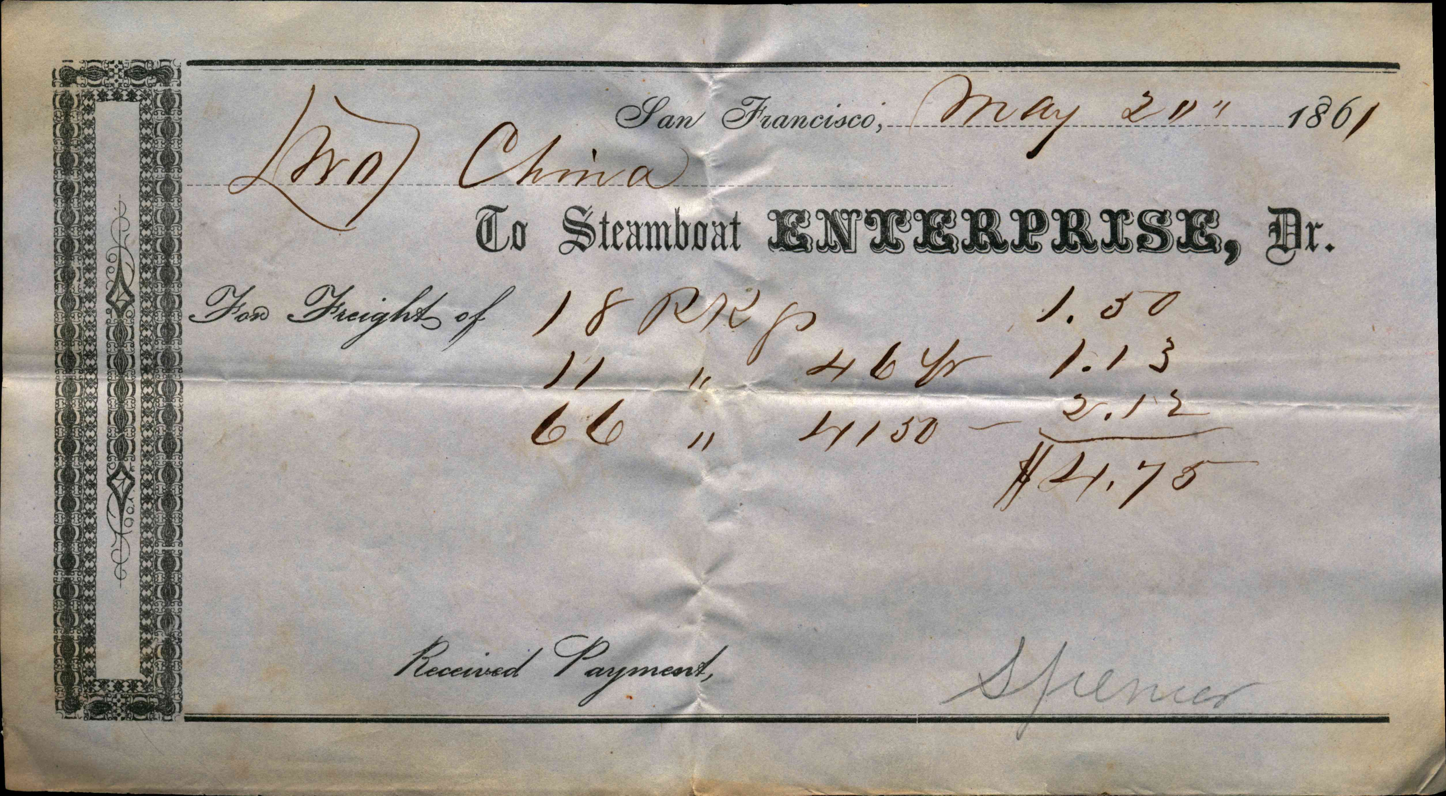 Steamboat freight receipt