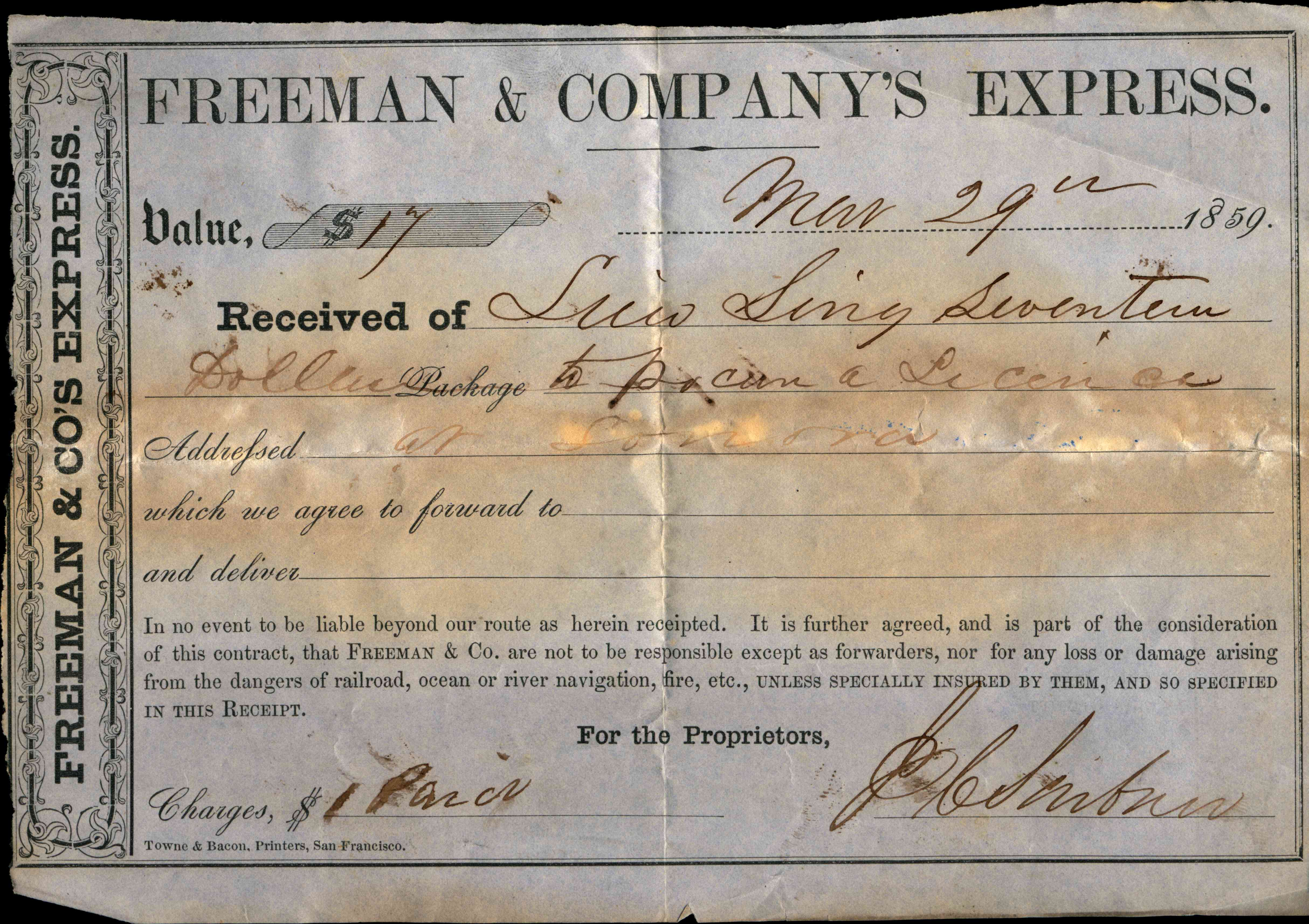 Freeman & Company's Express Receipt for a package