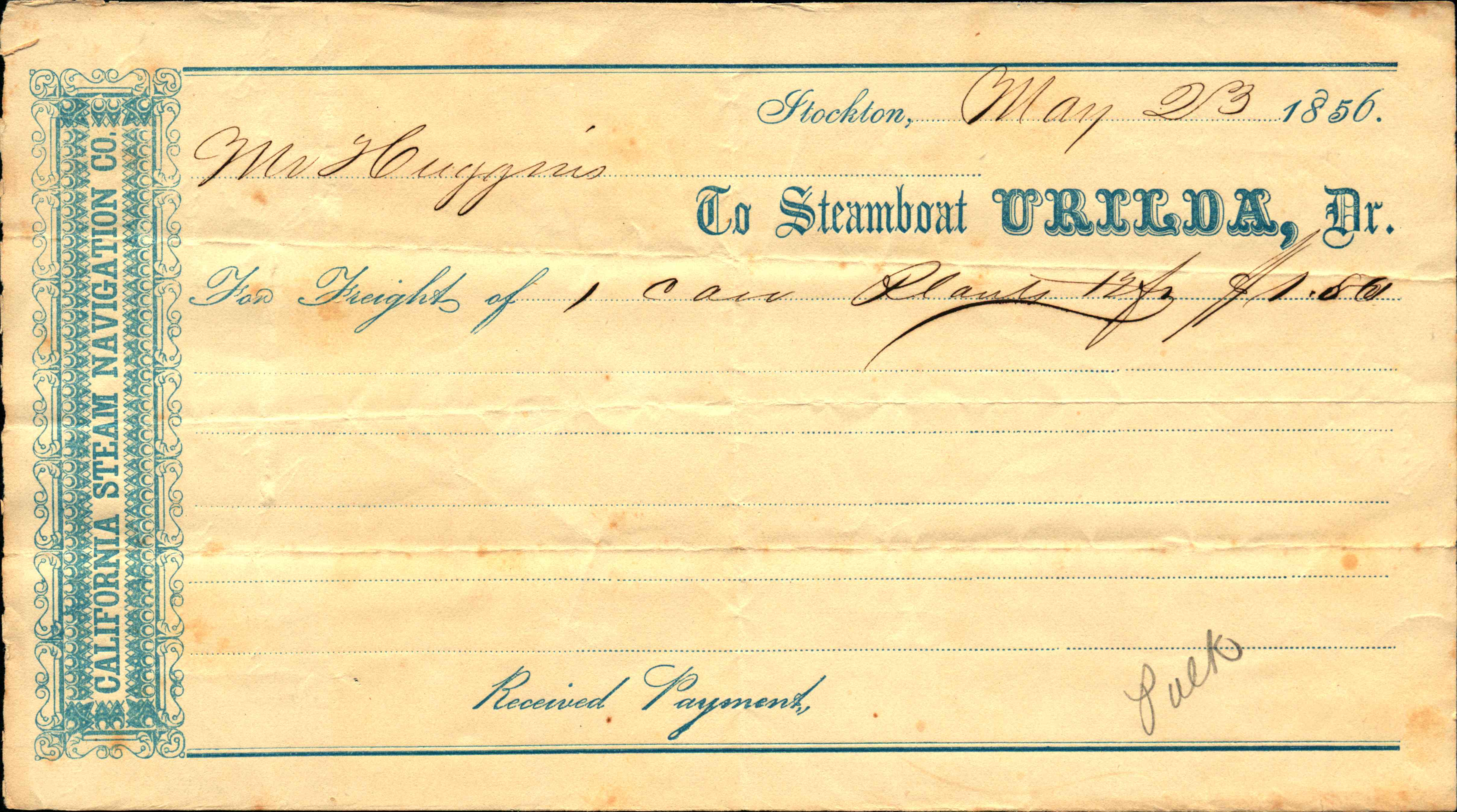 Steamboat urilda freight receipt