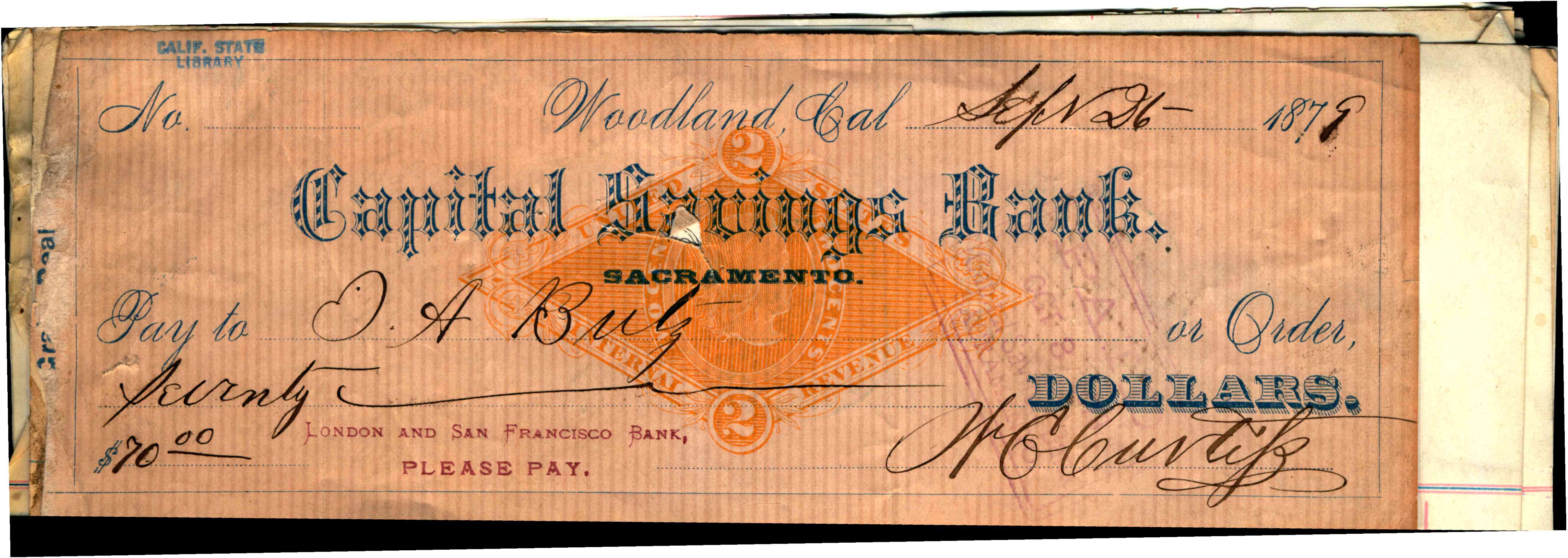 London and San Francisco Bank in red ink on receipt