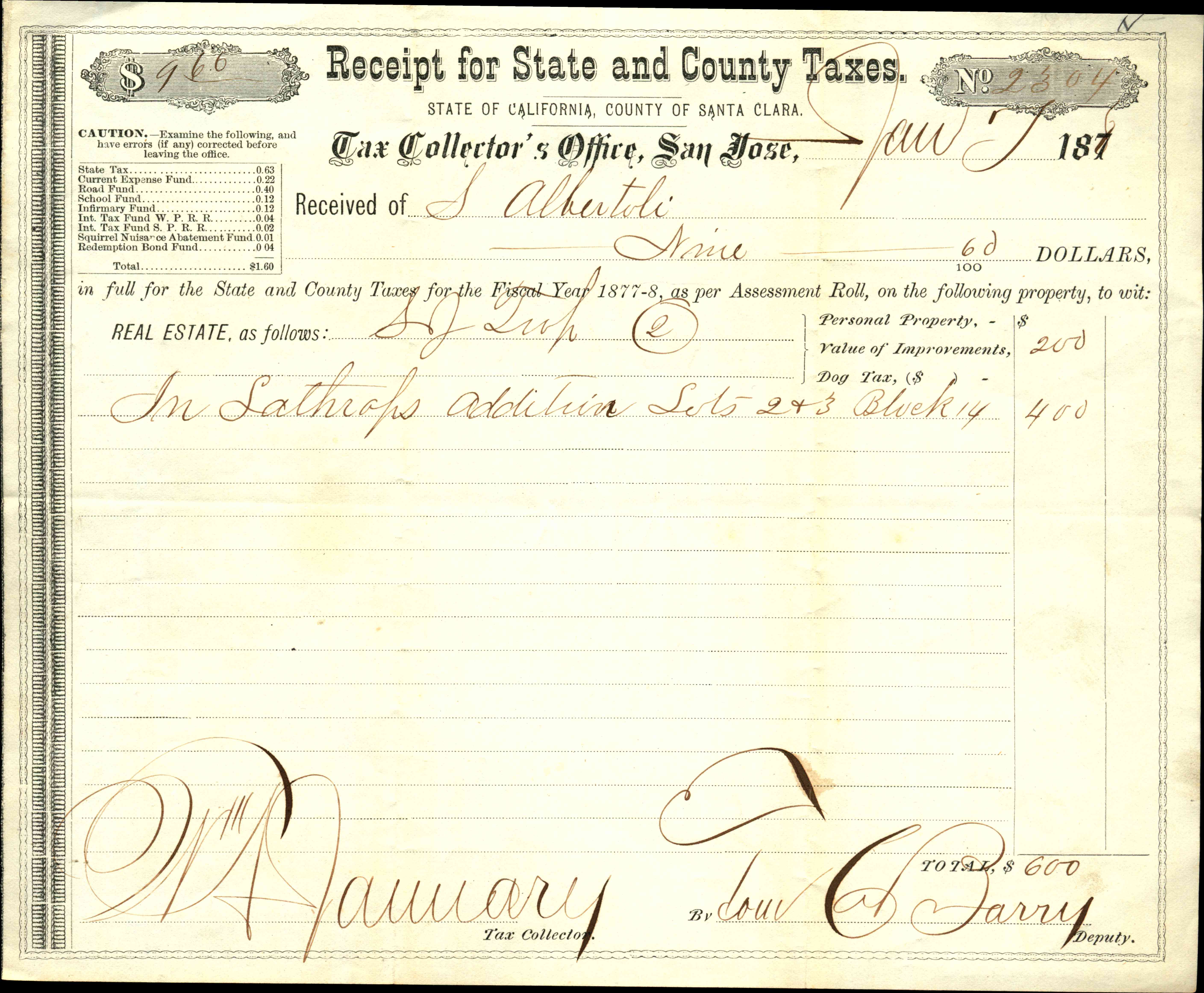 Receipt for State and County Taxes