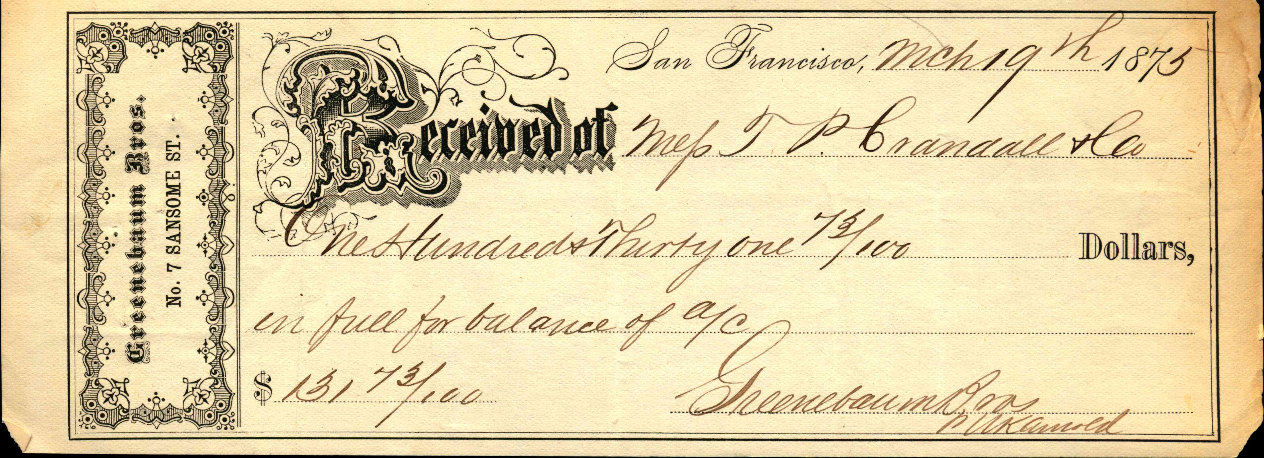 March 19, 1875 date on the receipt