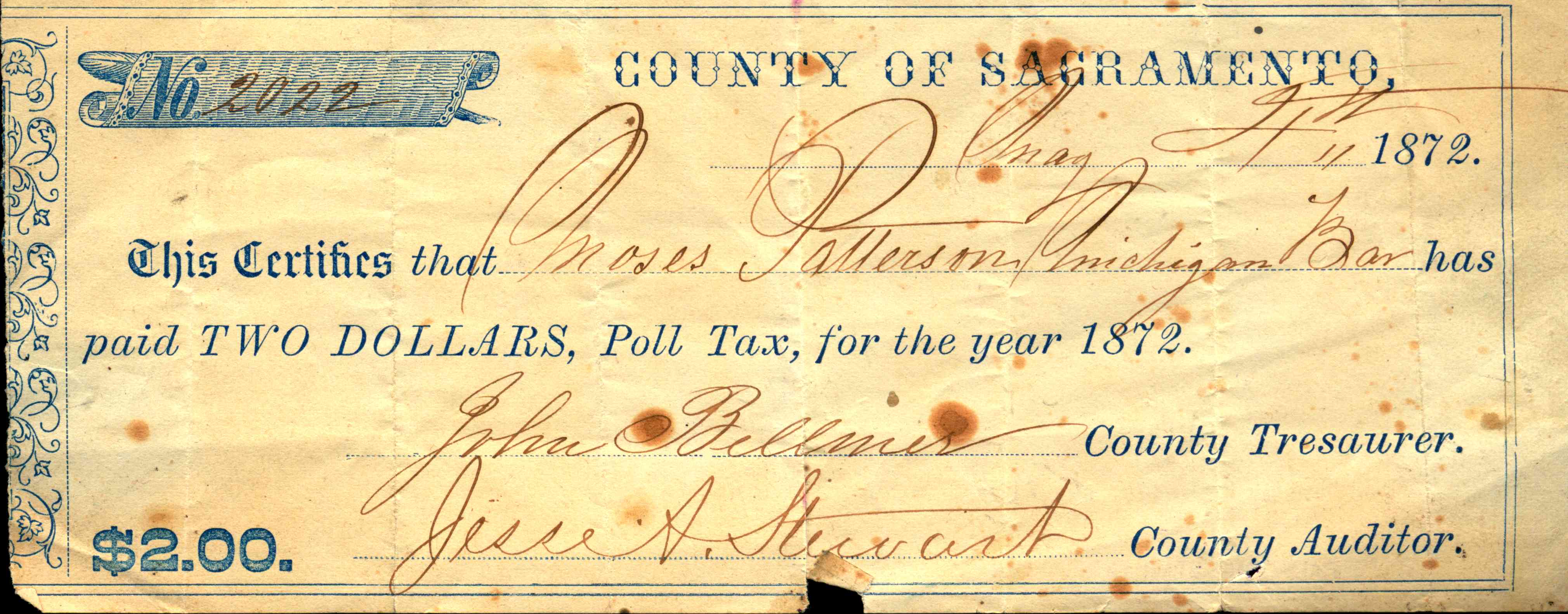 Blue ink on the receipt, poll tax 1872