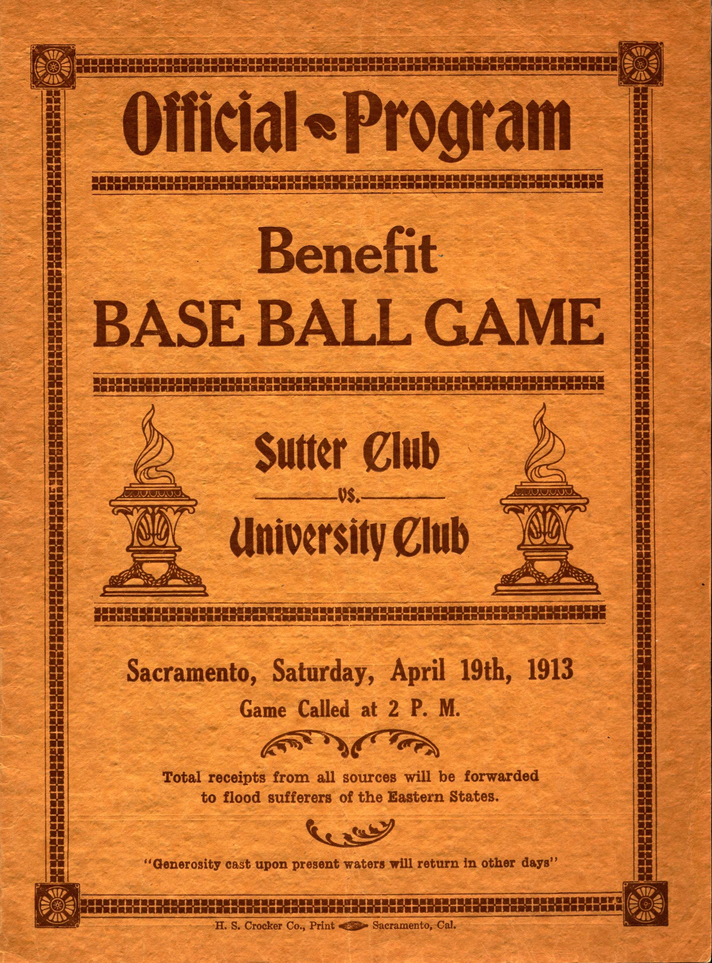 Cover shows information about the baseball game including who played, the date, location and purpose for the benefit