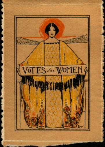 Postage-sized stamp showing 1911 award winning poster of woman in yellow shawl, holding the title as a banner. Sun setting beyond Golden Gate in background. 