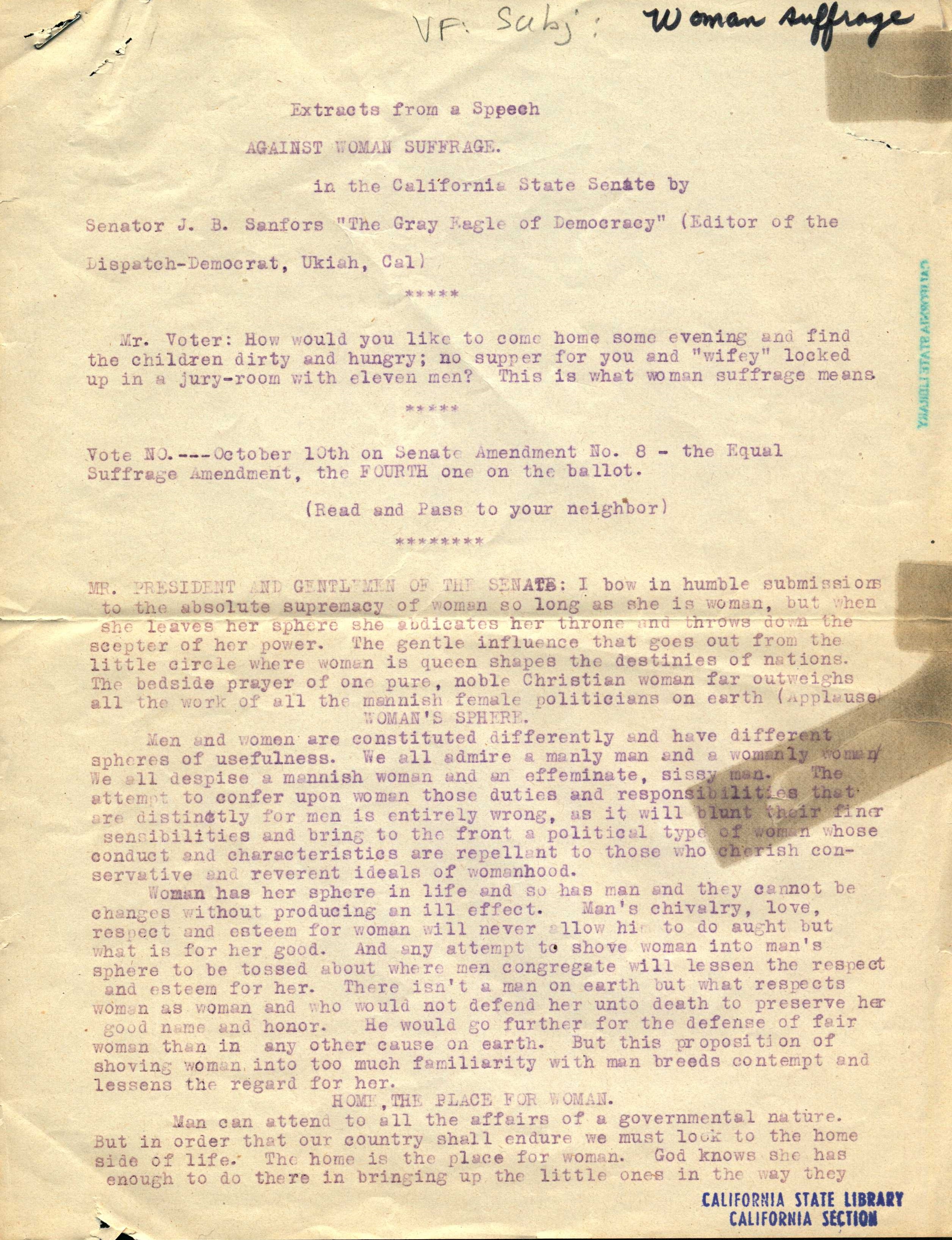 Shows typewritten text of portions of the speech