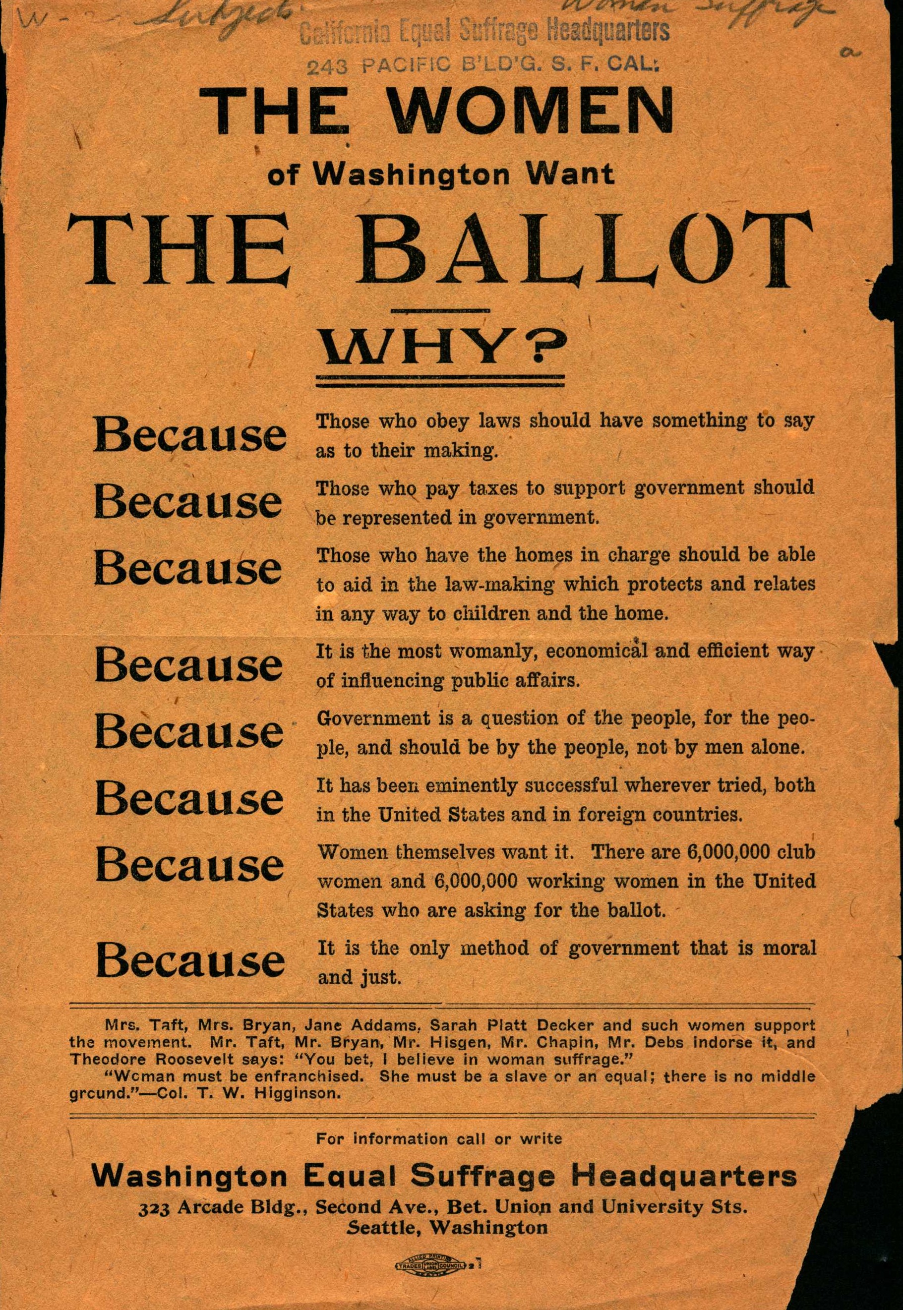 Shows the title information and 8 arguments for women's suffrage