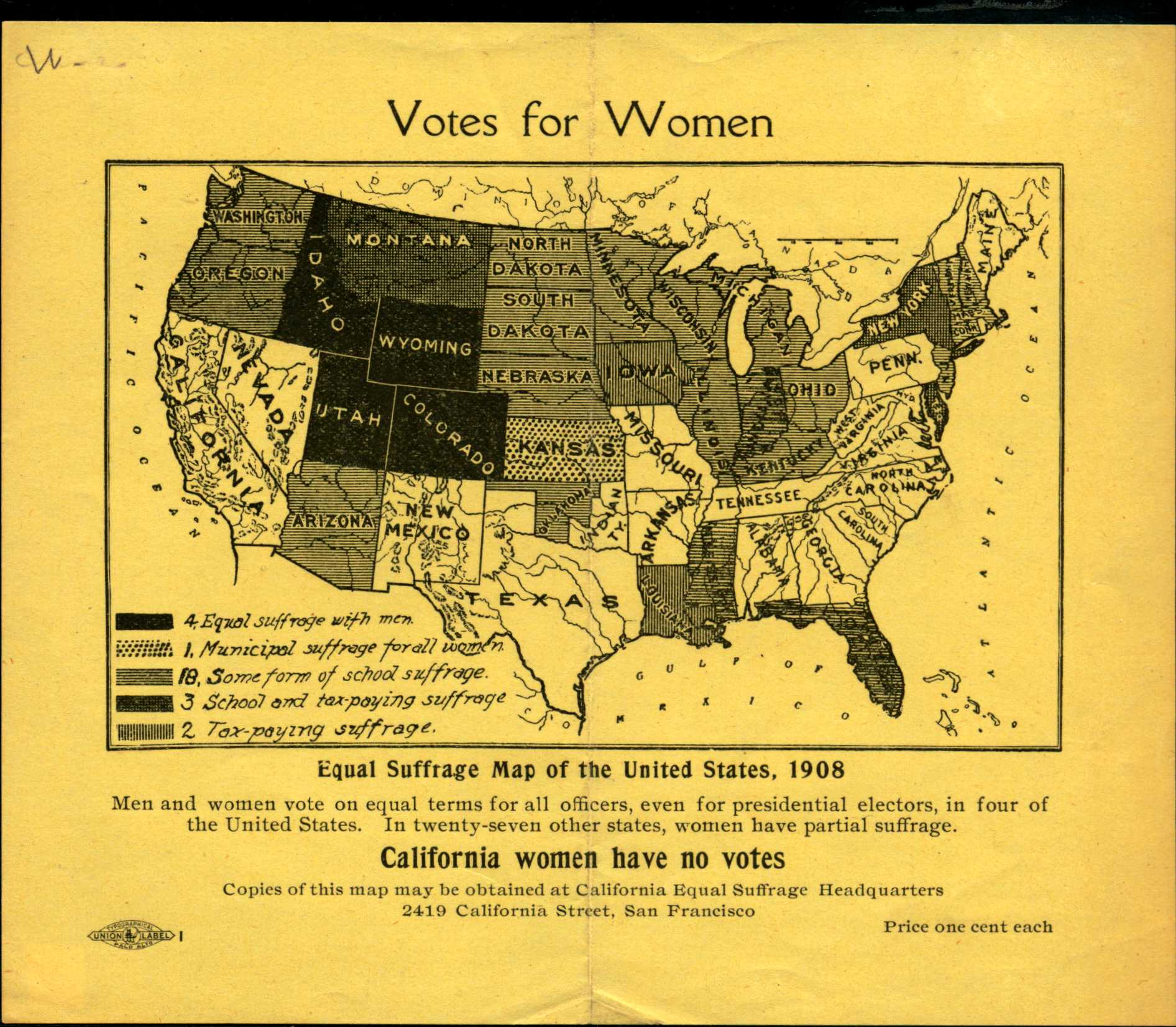 Shows a map of the United States with information on women's voting rights in every state
