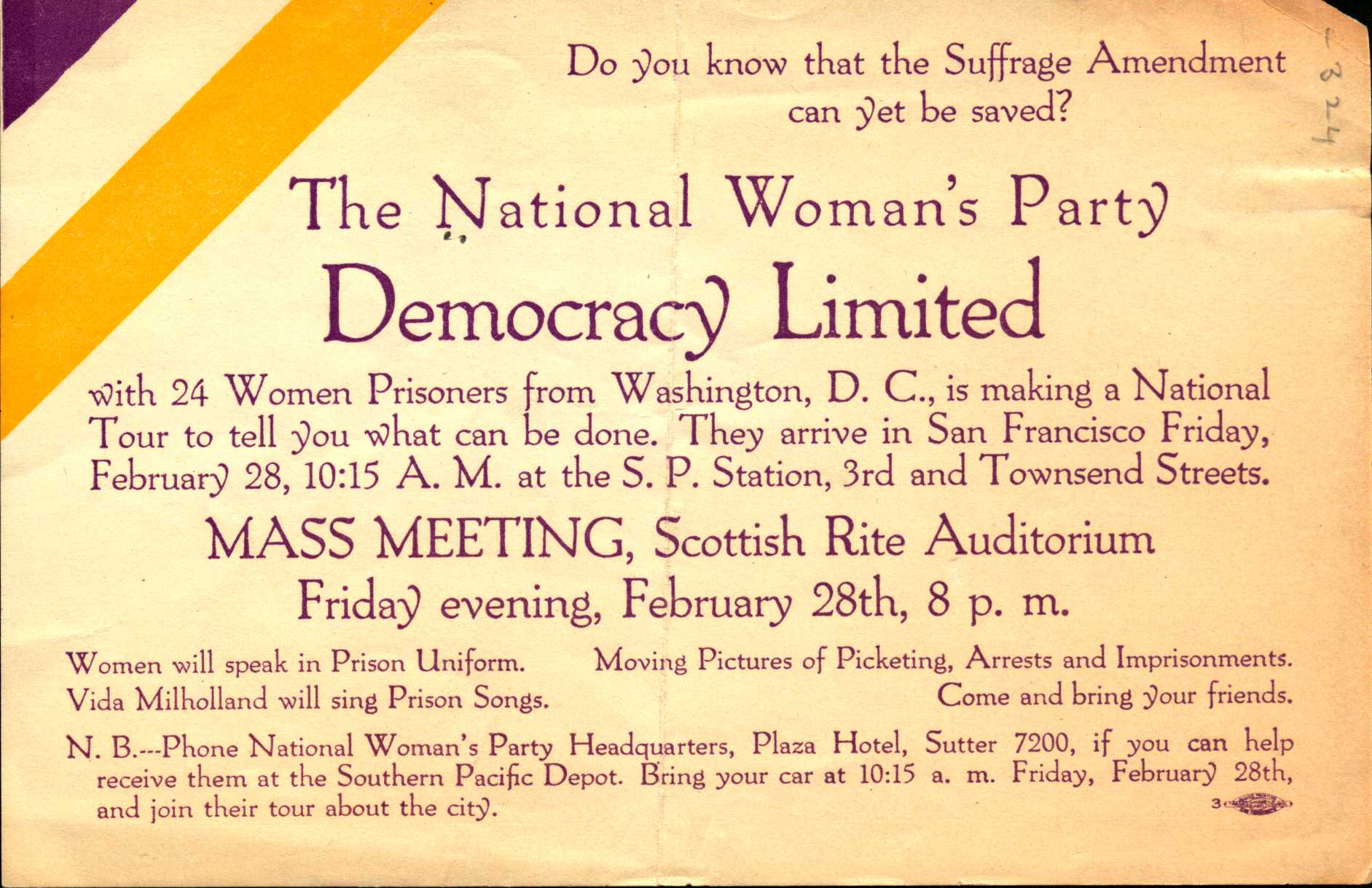 Shows information about a rally regarding the suffrage amendment including general speaker information