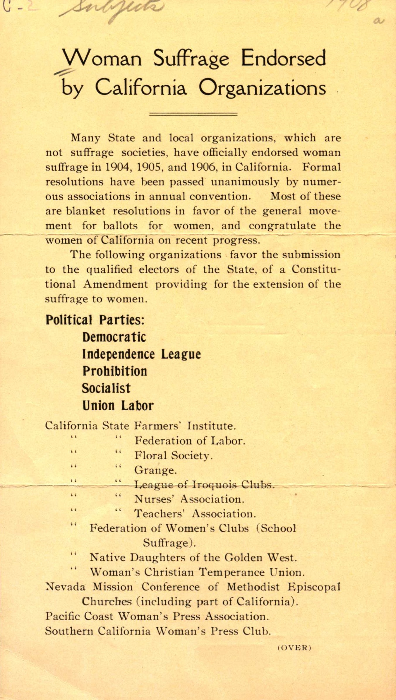 Shows title information and political parties and organizations that supported suffrage