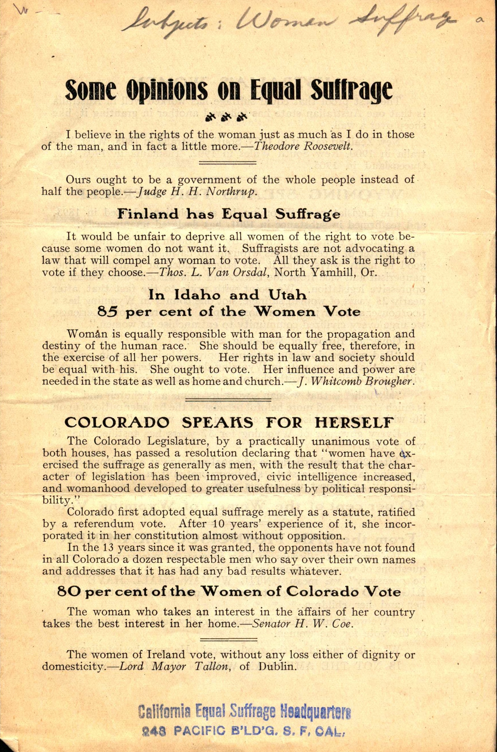 Shows title and start of text including information about suffrage in Finland, Idaho, Utah and Colorado