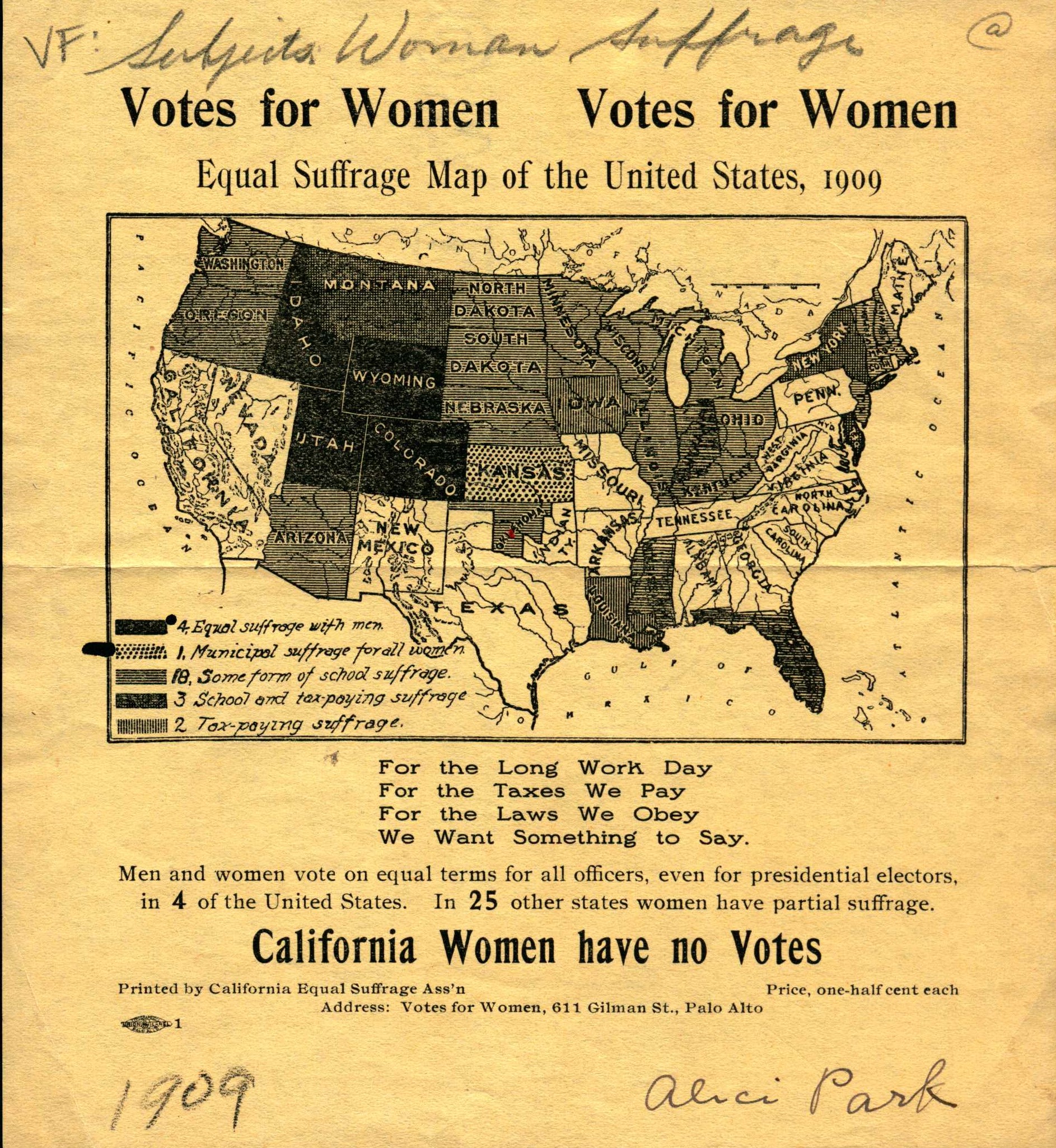 Shows the title information and a map of the United States with information on Women's voting status in every state