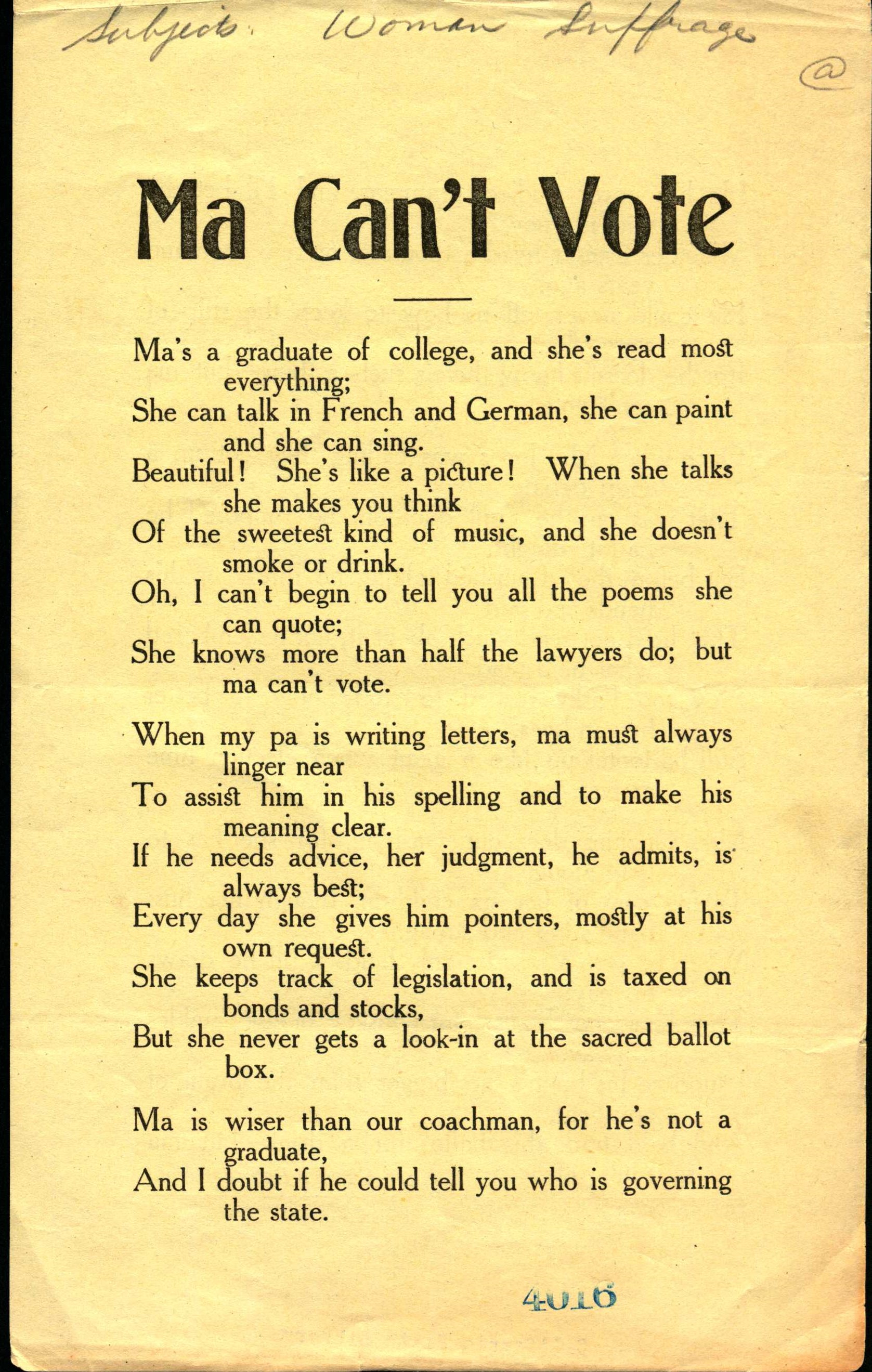 Front shows the title and the first part of a poem