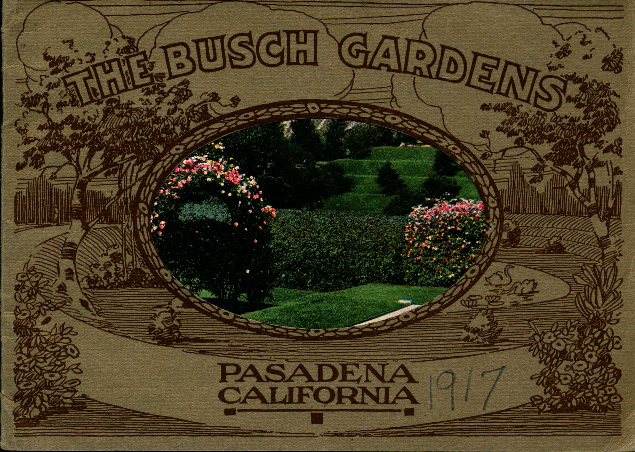 Front cover shows a line drawing illustration of Busch gardens with a central cutout showing a color version