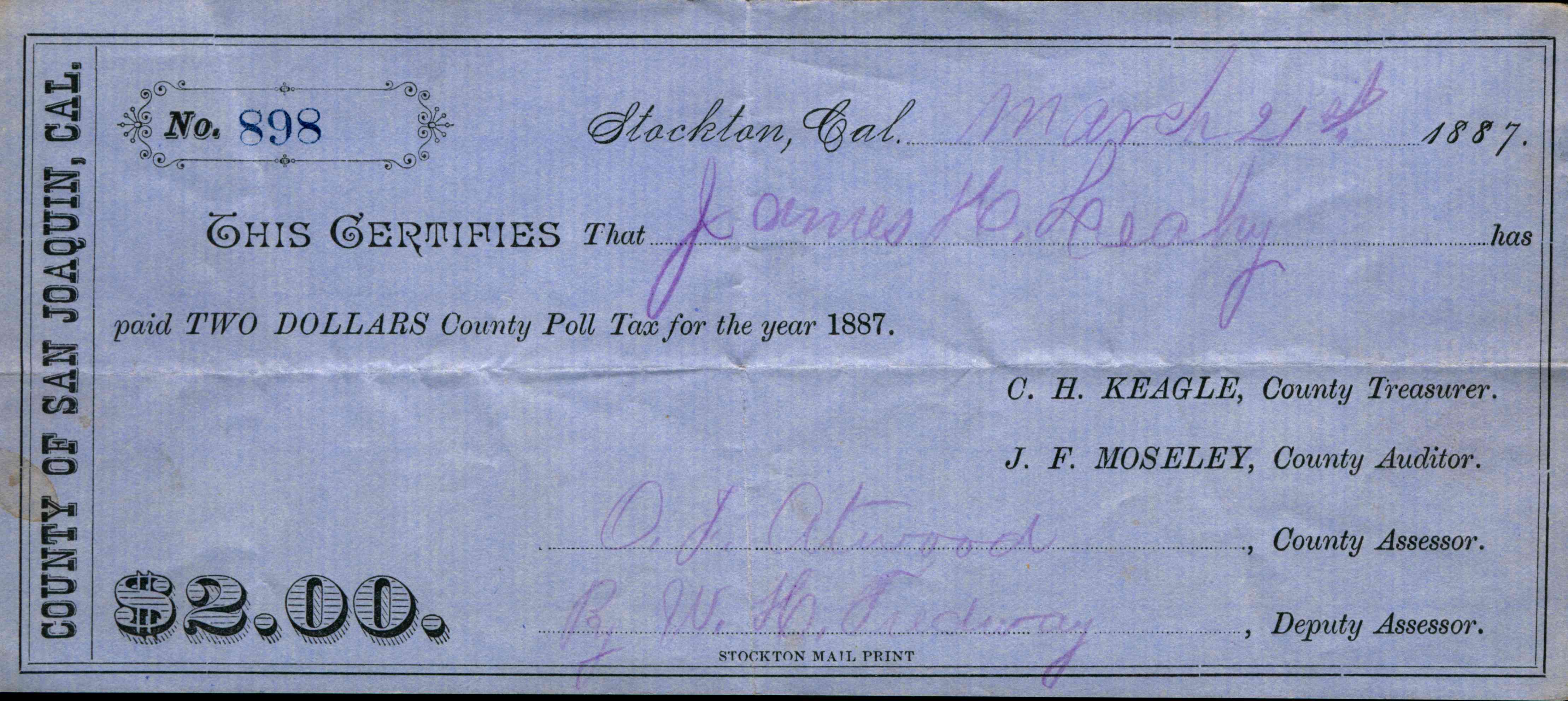 Receipt for $2.00 of poll tax