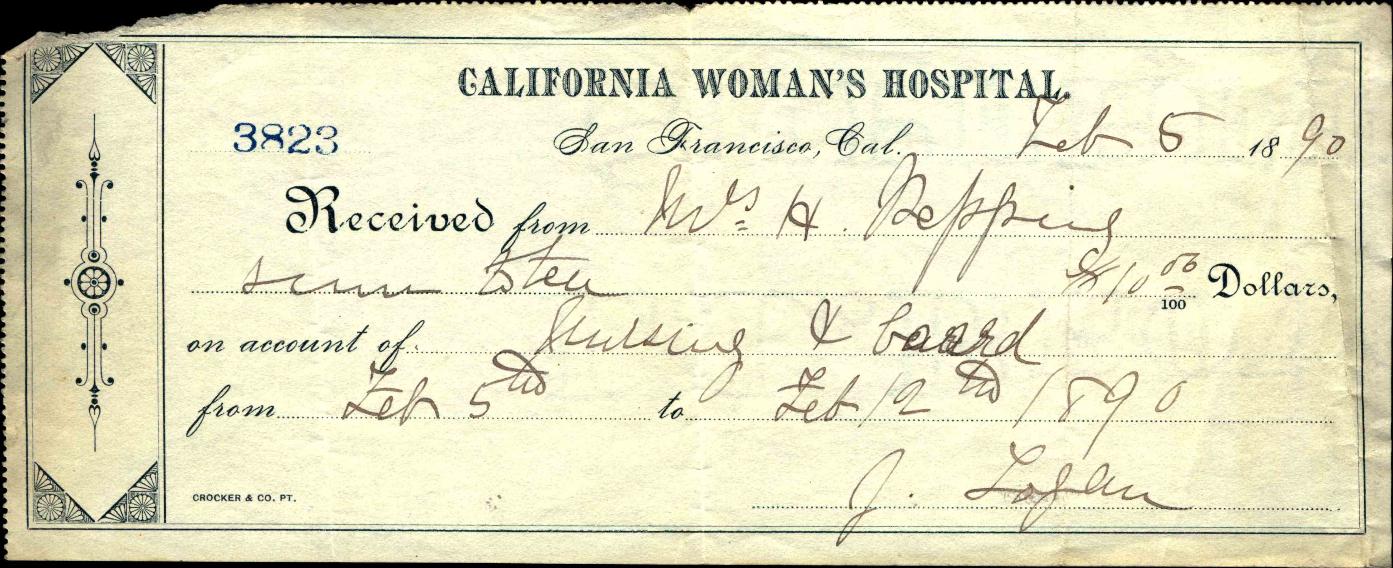 Receipt for woman's hospital