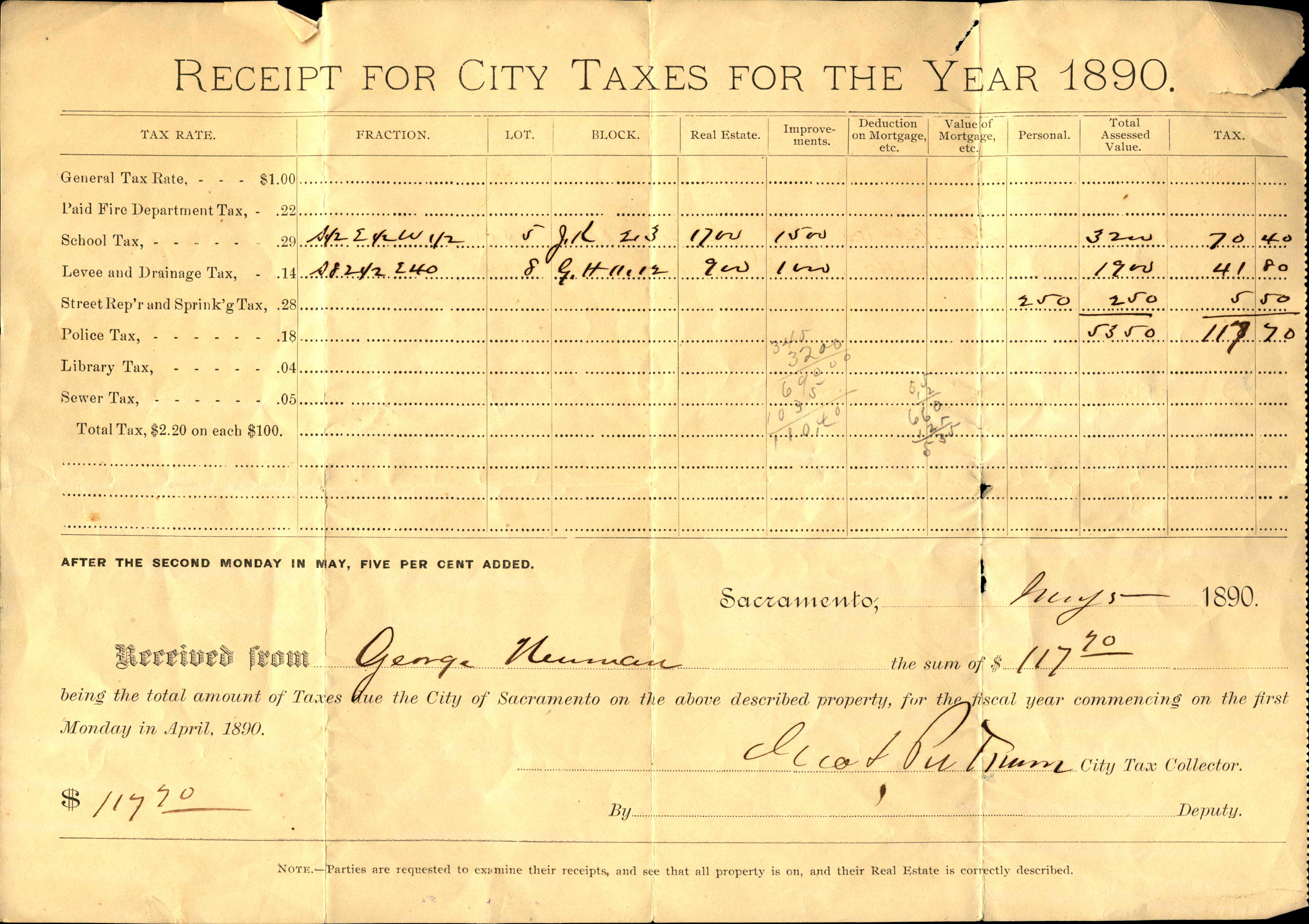 Receipt for city taxes