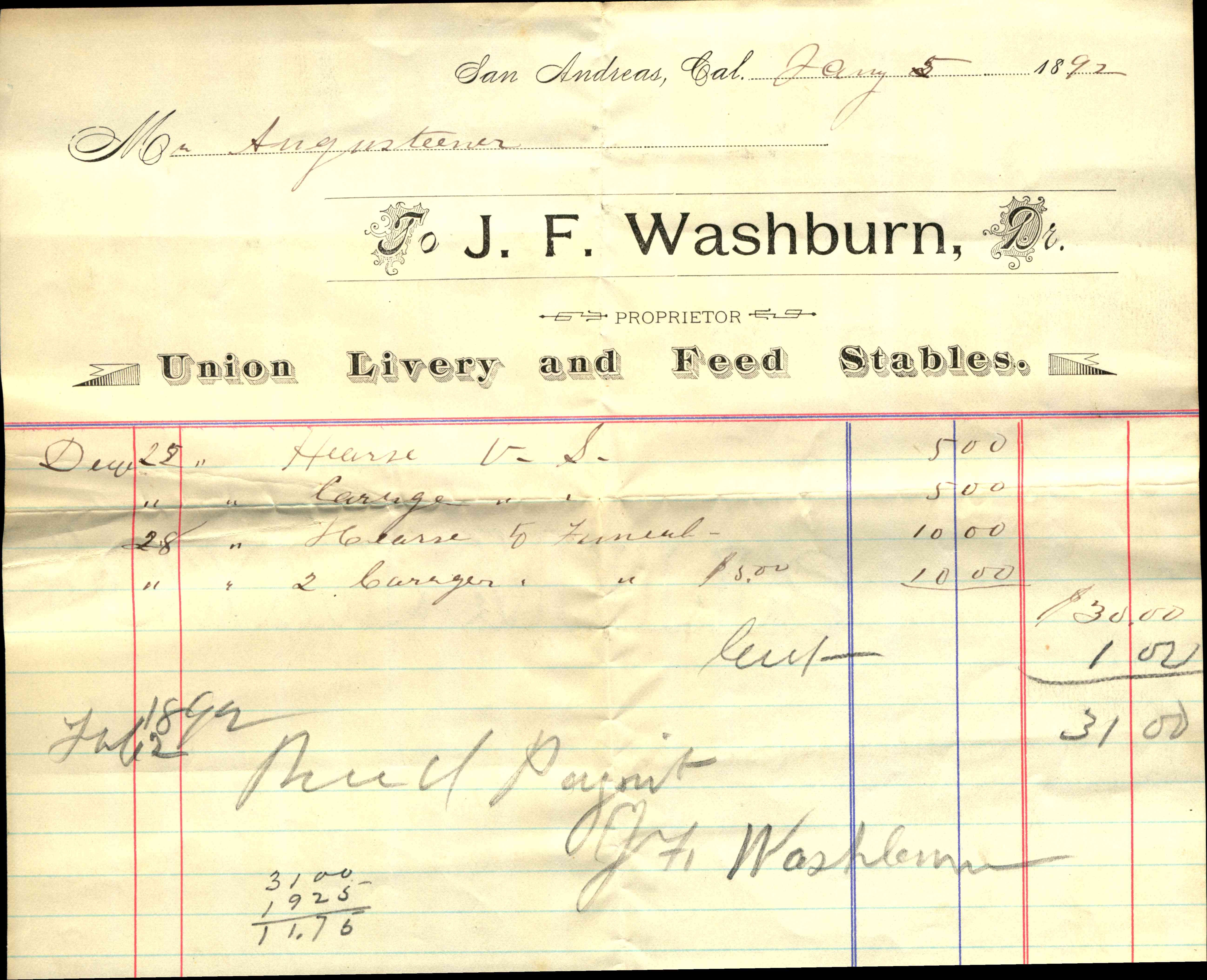 Receipt for union livery and feed stables