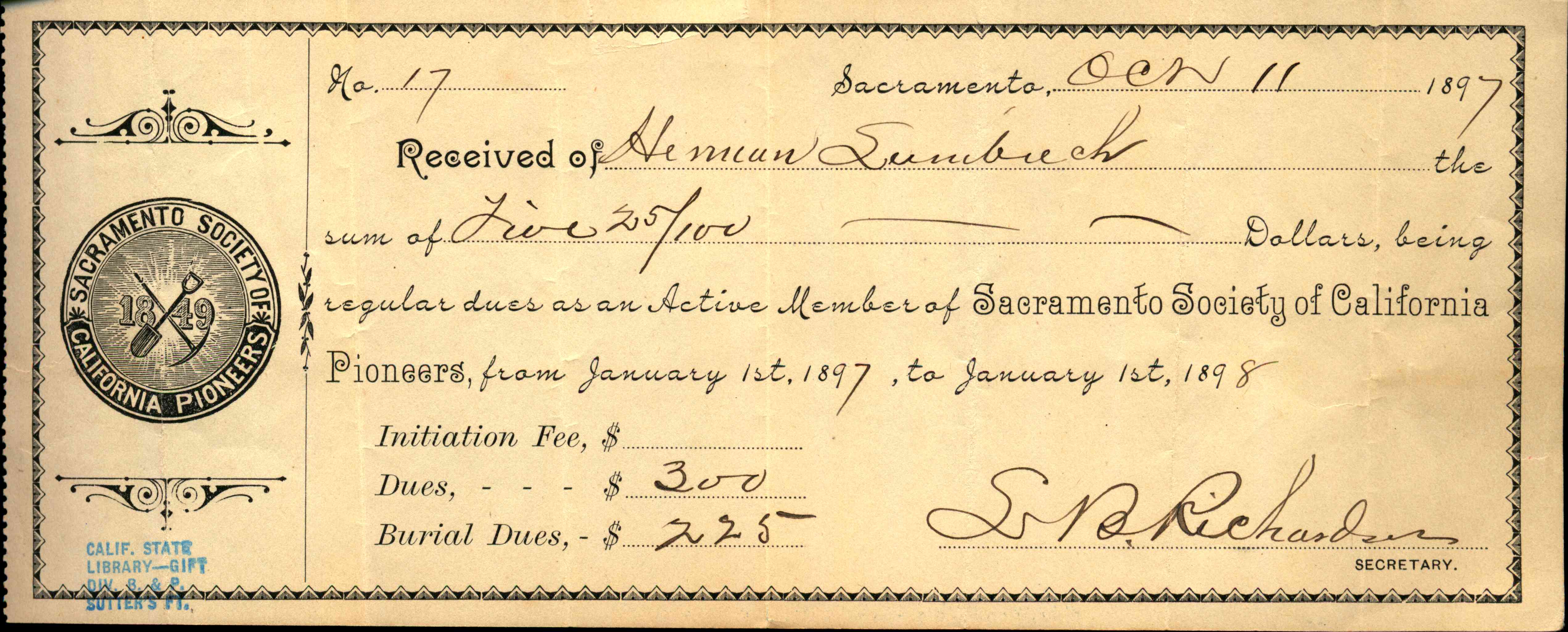 Receipt for dues for the Sacramento Society of California
