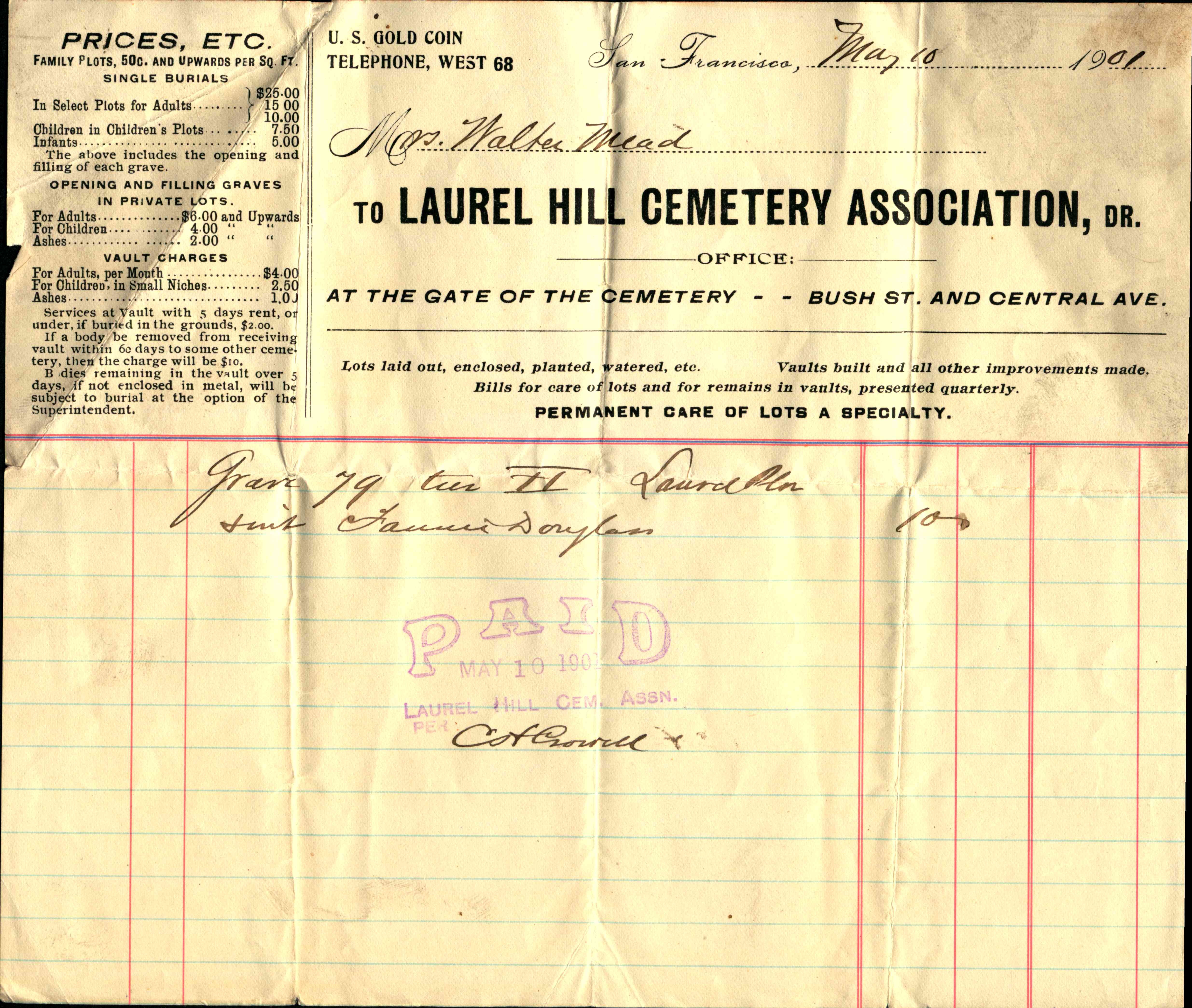 Receipt for cemetery services