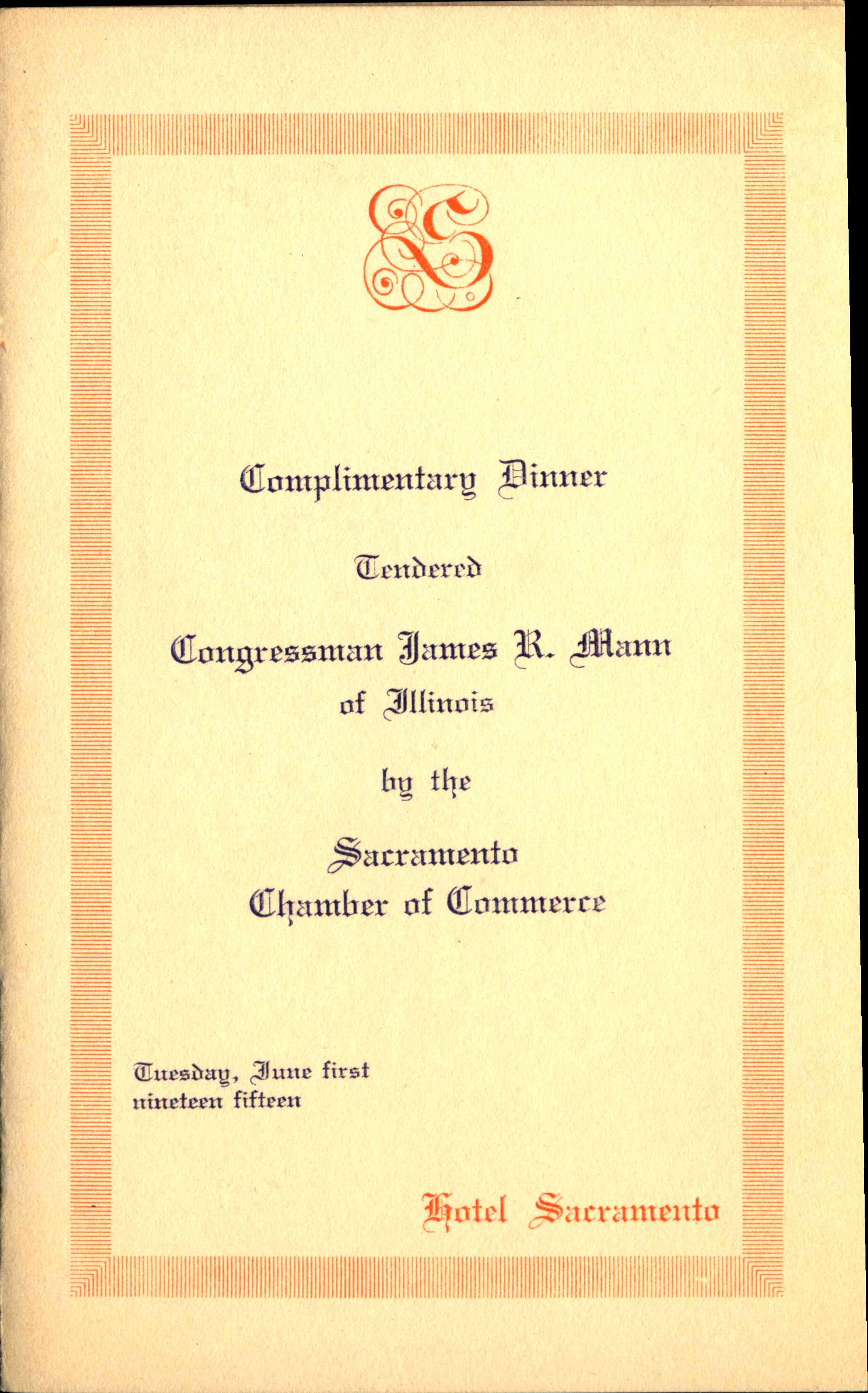 Complimentary Dinner Congressman James R. Mann