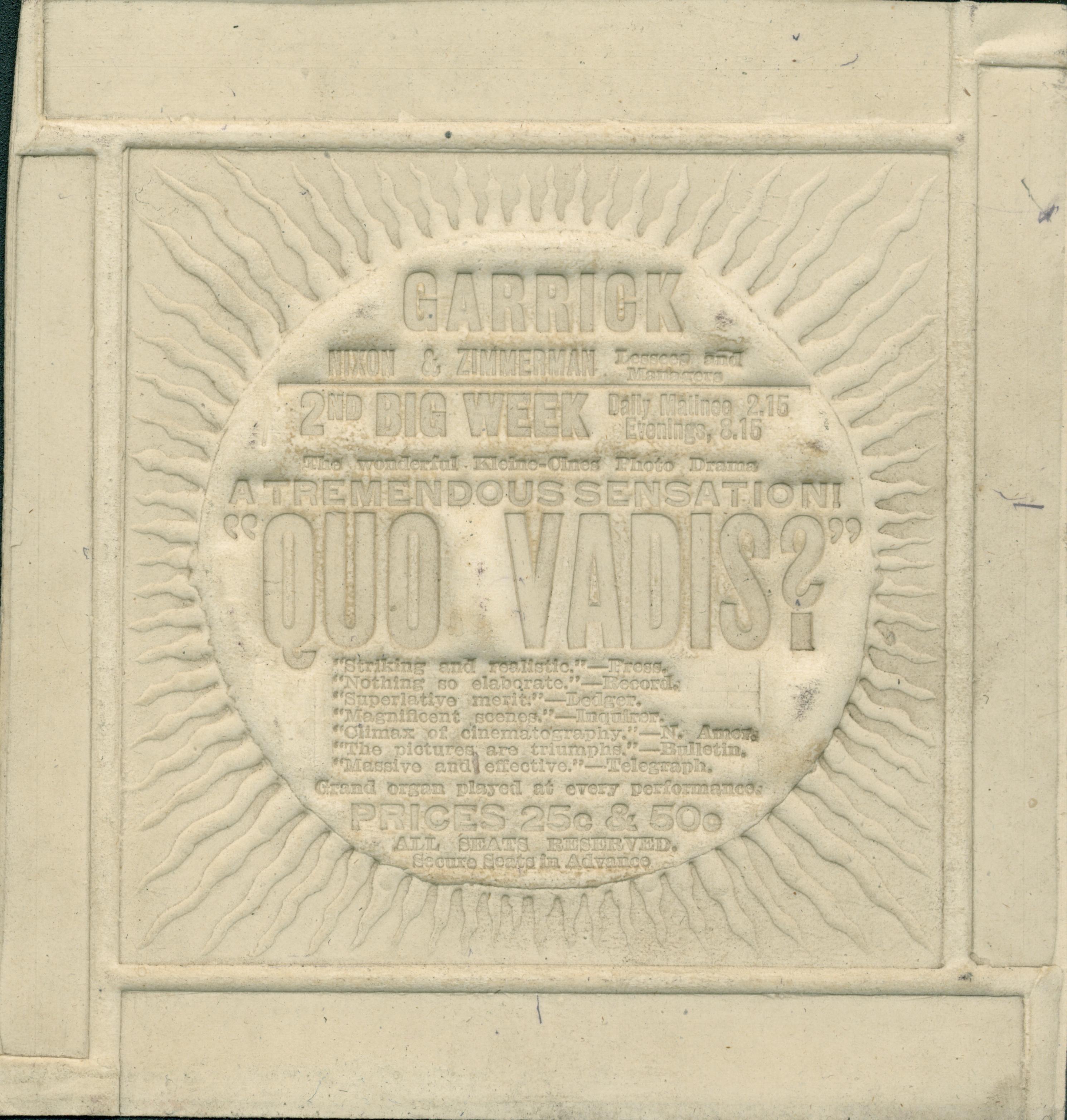 This embossed advertisement contains information about the production.