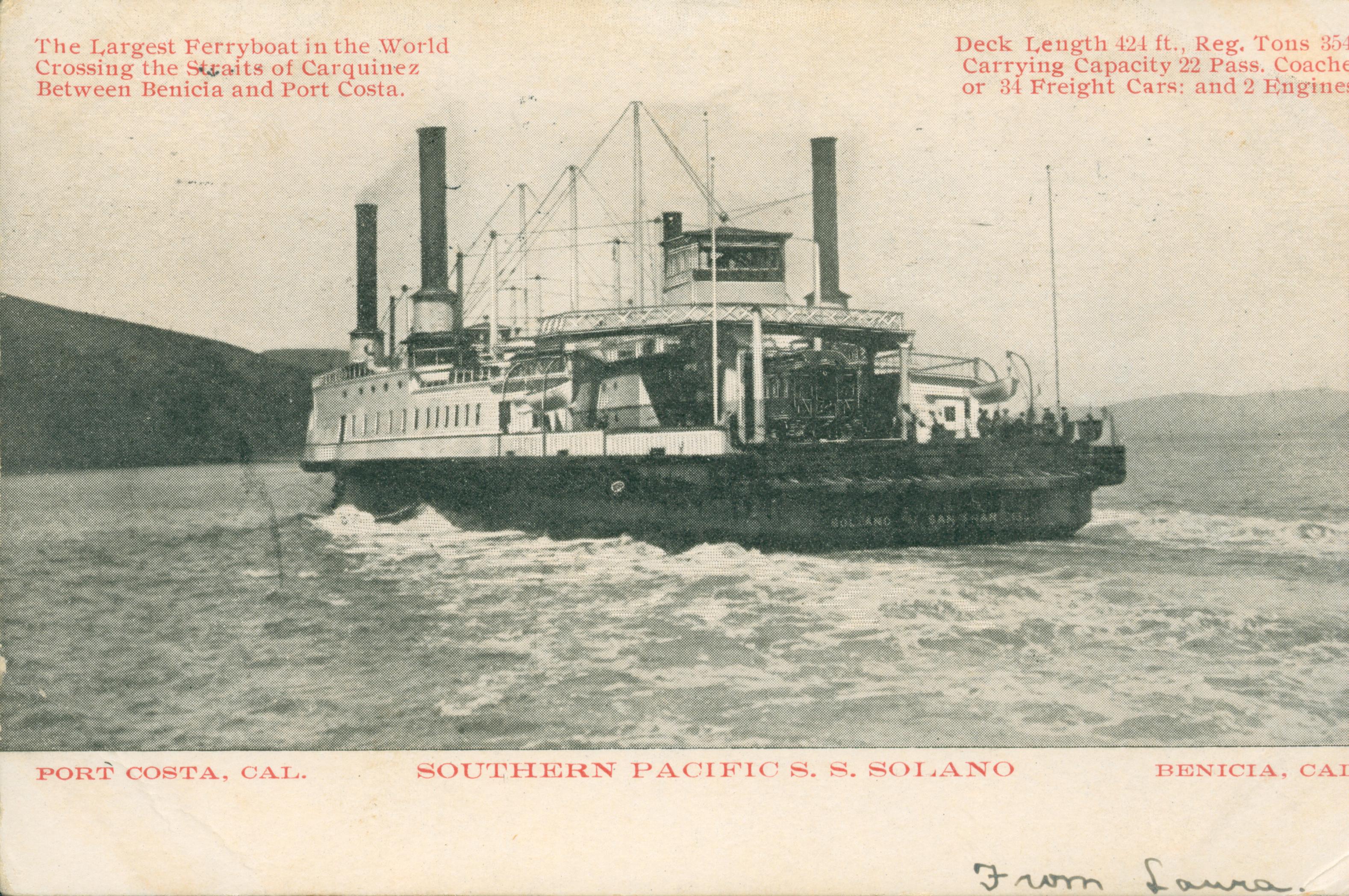 Shows the S.S. Solano carrying an engine across the Carquinez strait.
