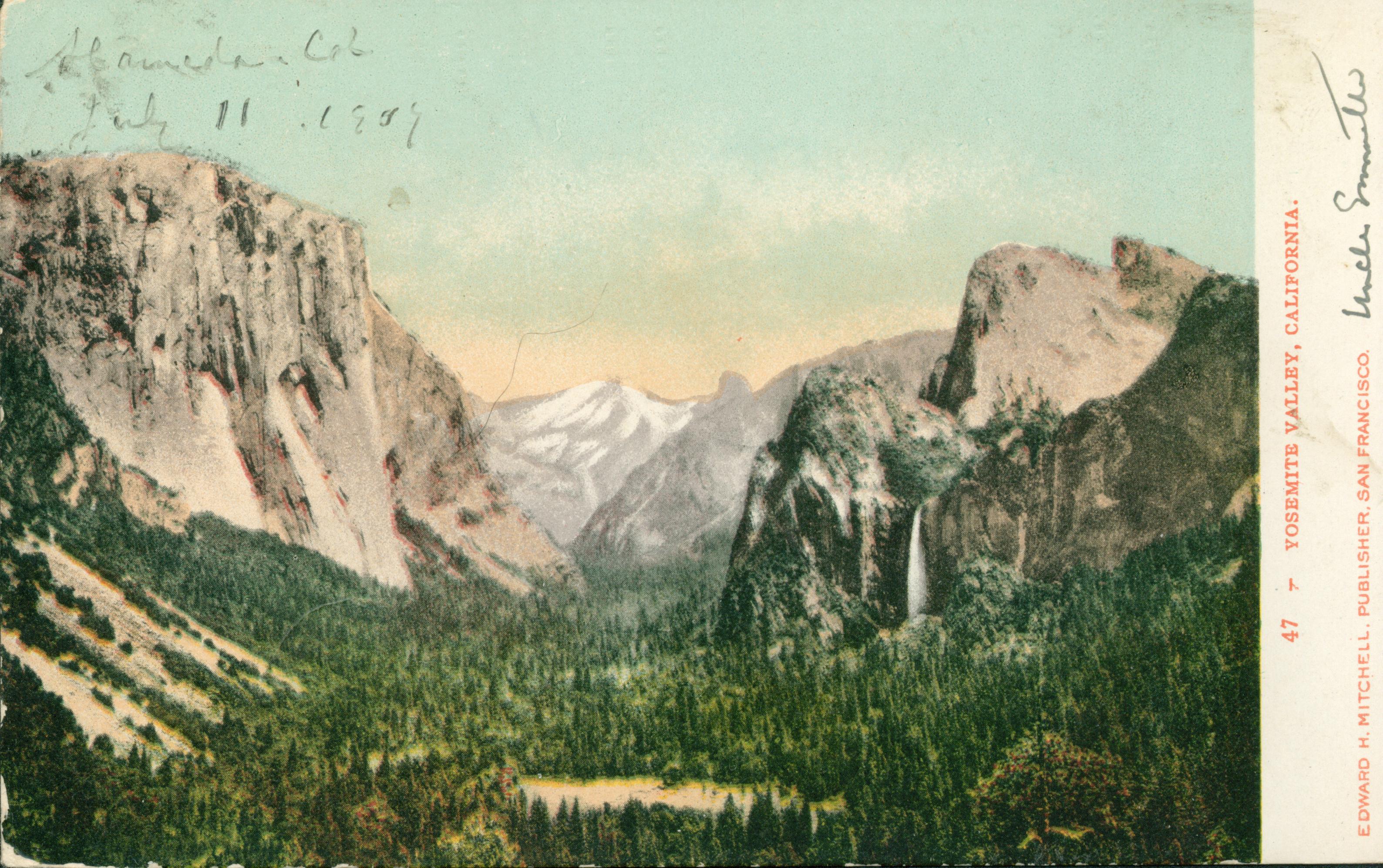 Shows a view of the Yosemite Valley