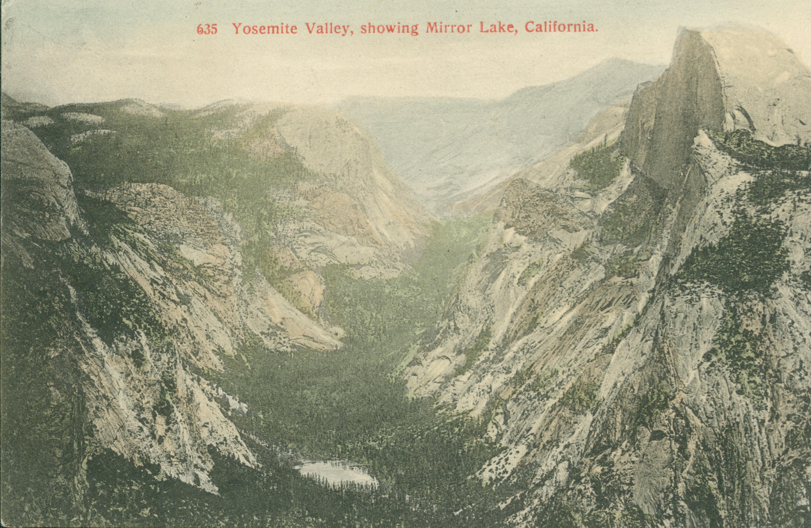 Shows a view of the Yosemite Valley, framed by the mountains, with Mirror Lake in the center