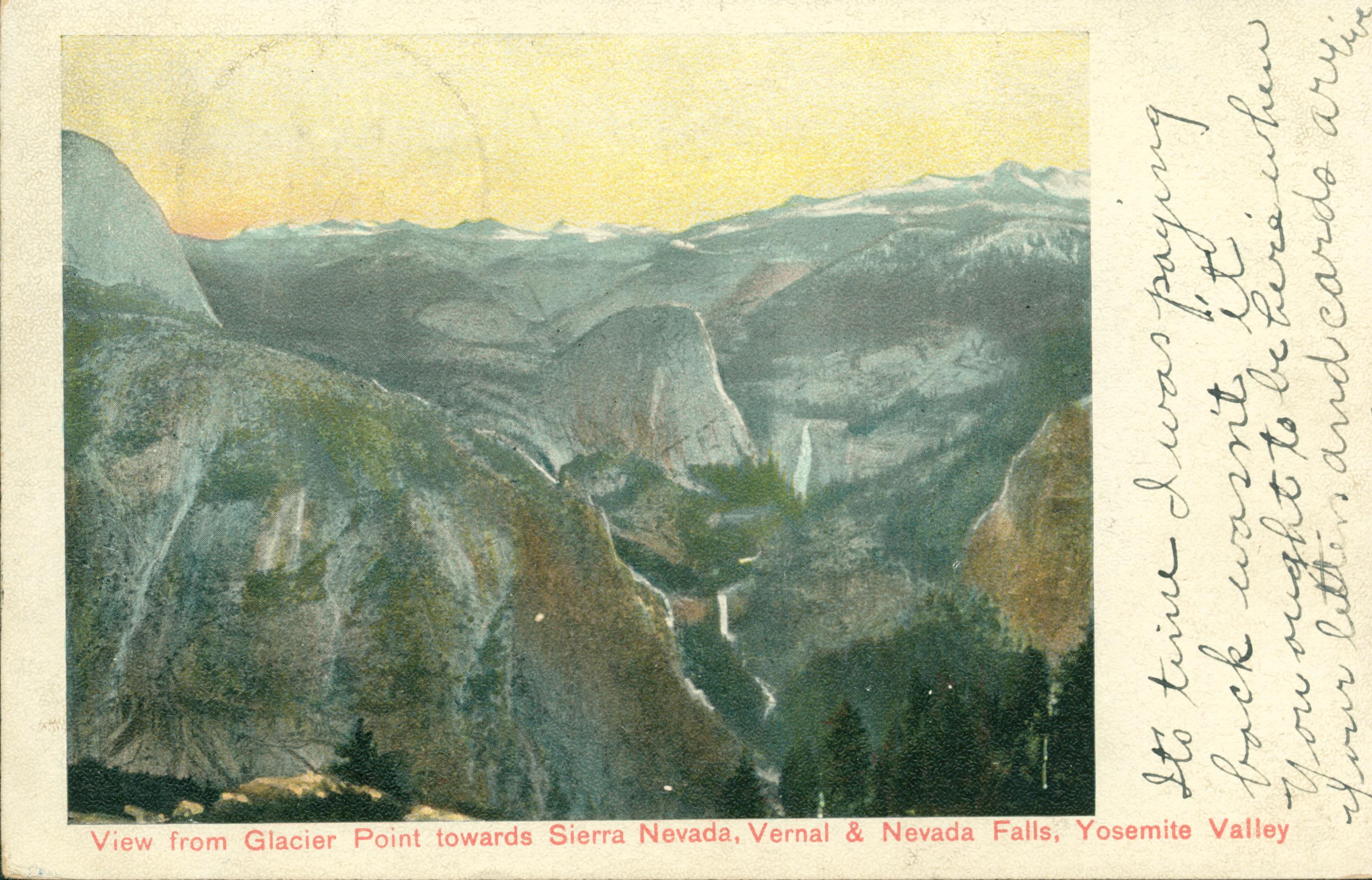 Shows a view of the Yosemite Valley, with waterfalls on the right