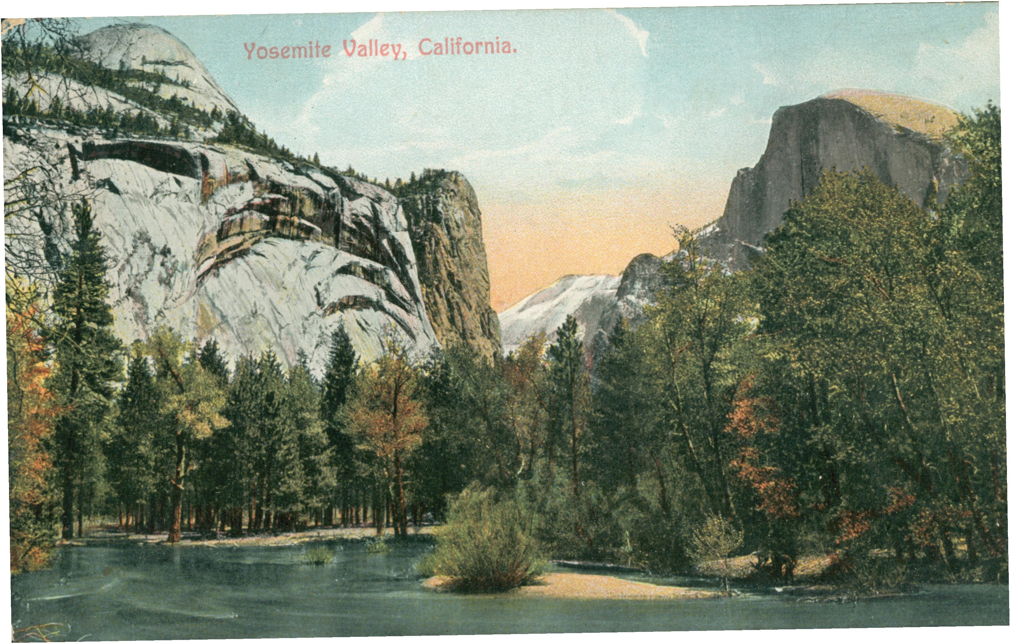 Shows a tree-lined body of water with half-dome in the background