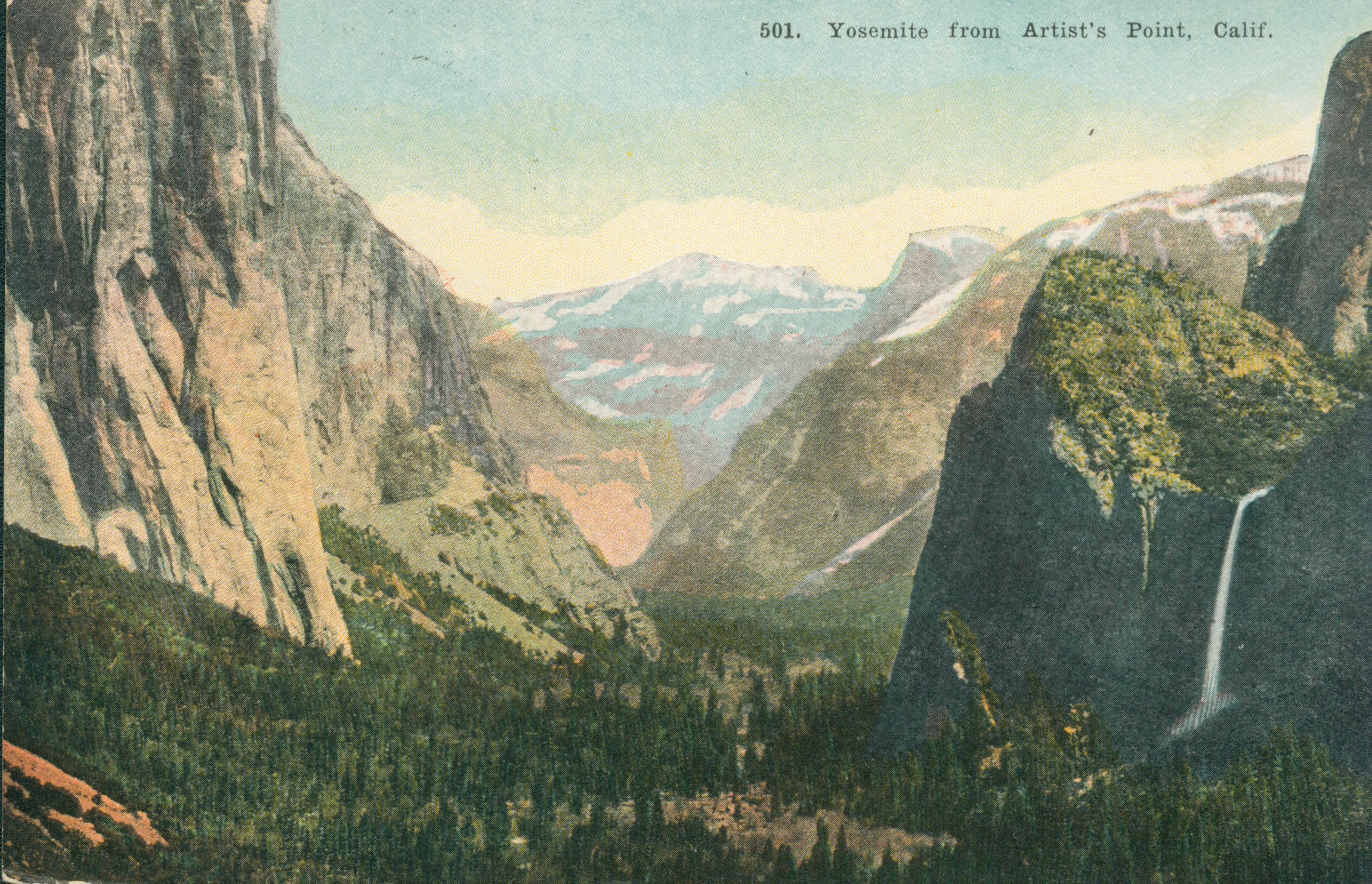 Shows a view of the Yosemite Valley, with a waterfall on the right
