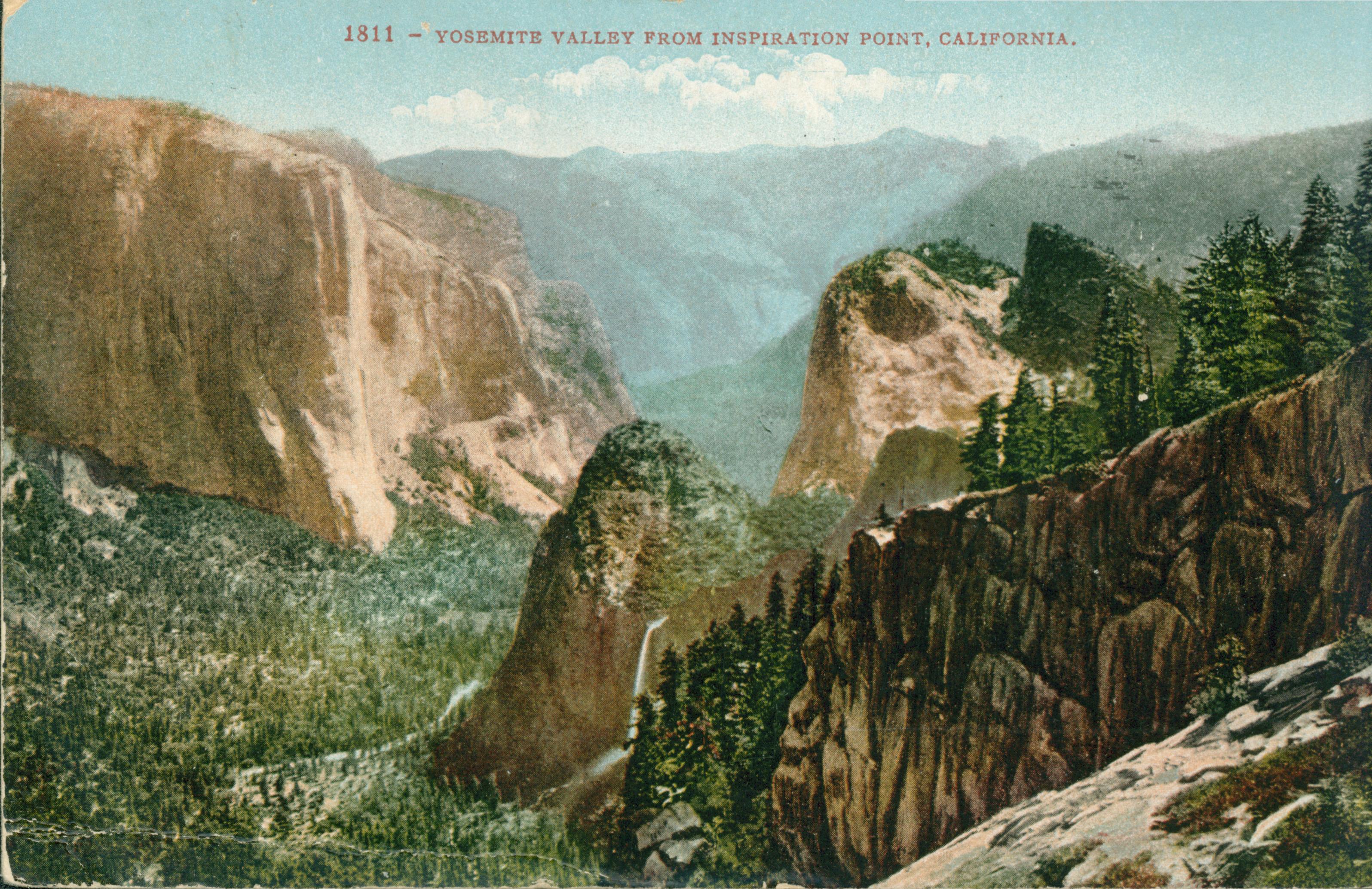Shows a view of the Yosemite Valley, with a several rock formations and a waterfall