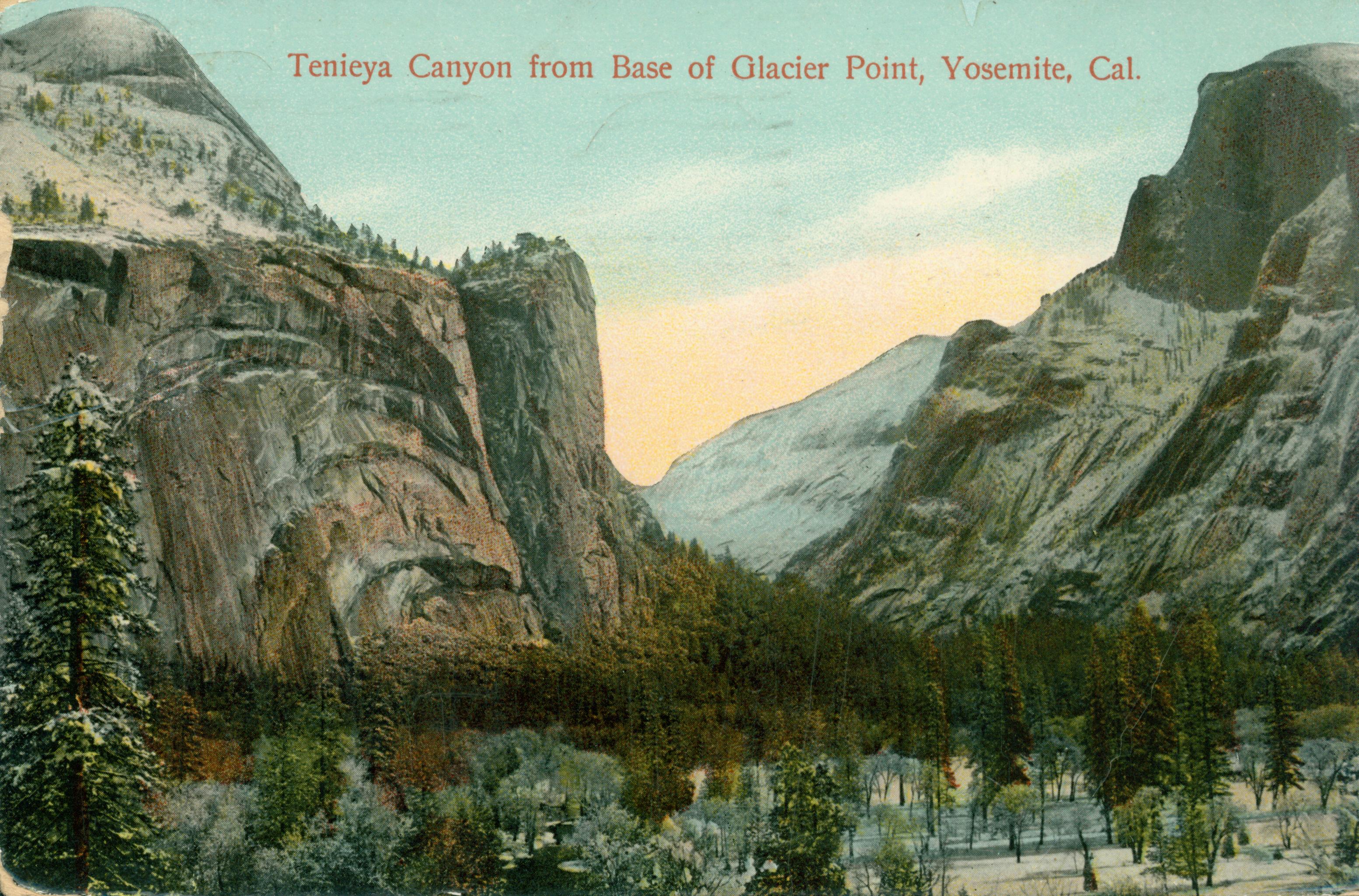 Shows a view of Tenaya Canyon with Half Dome in the upper right corner of the image
