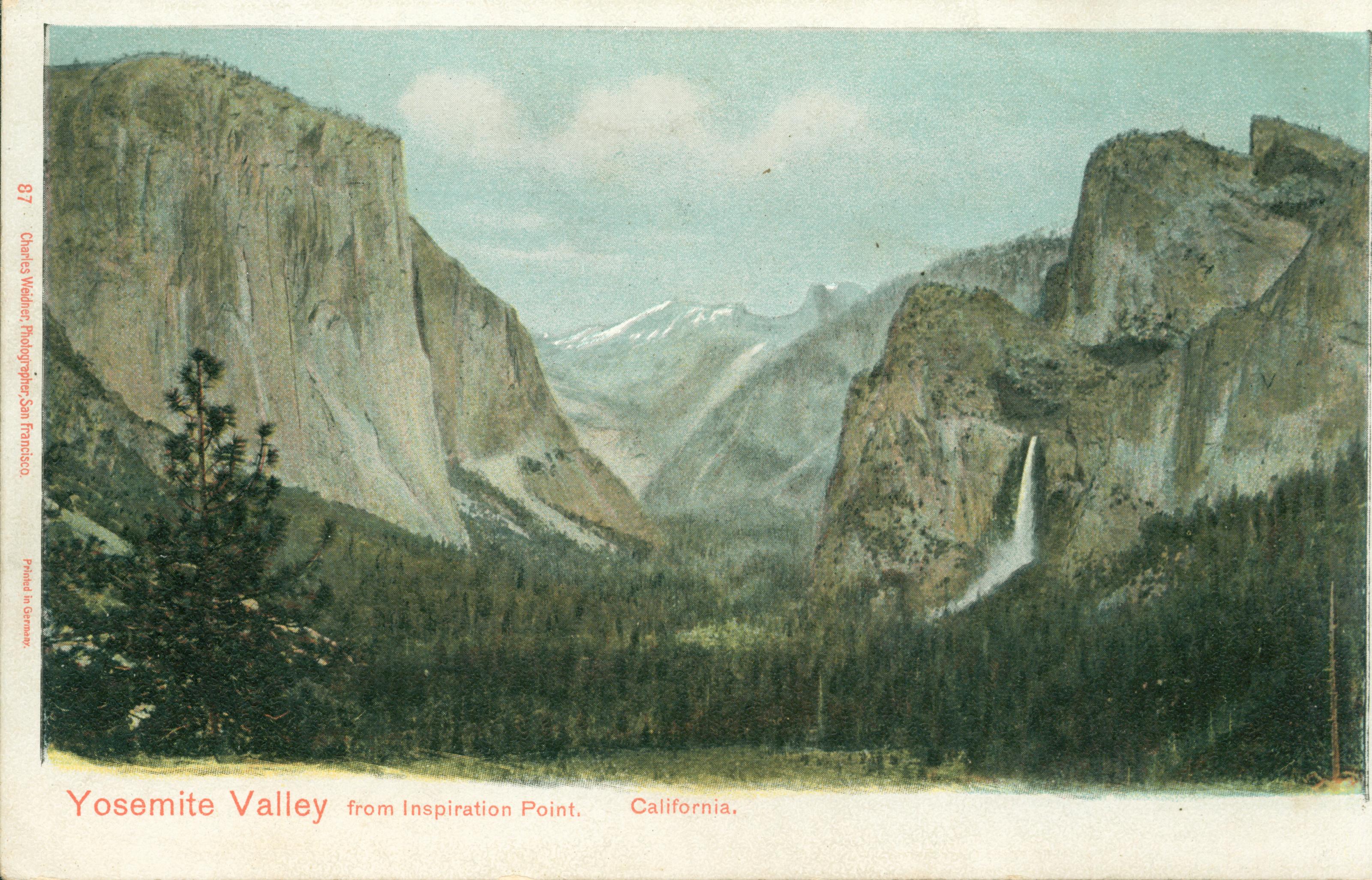 Shows a view of the Yosemite Valley, with a waterfall on the right