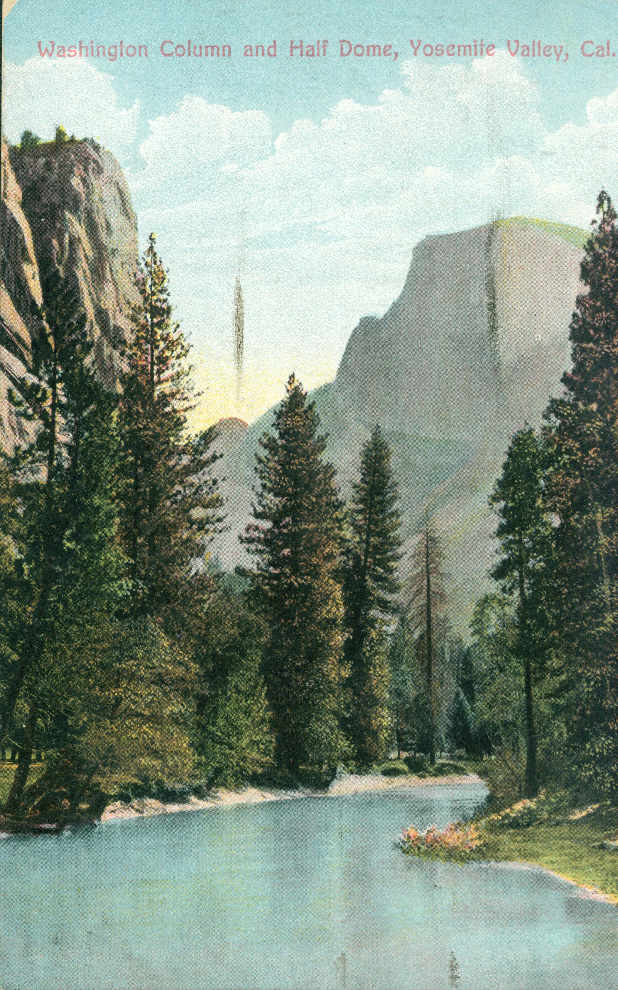 Shows a river lined with trees with Half Dome to the right and the Washington Column to the left.