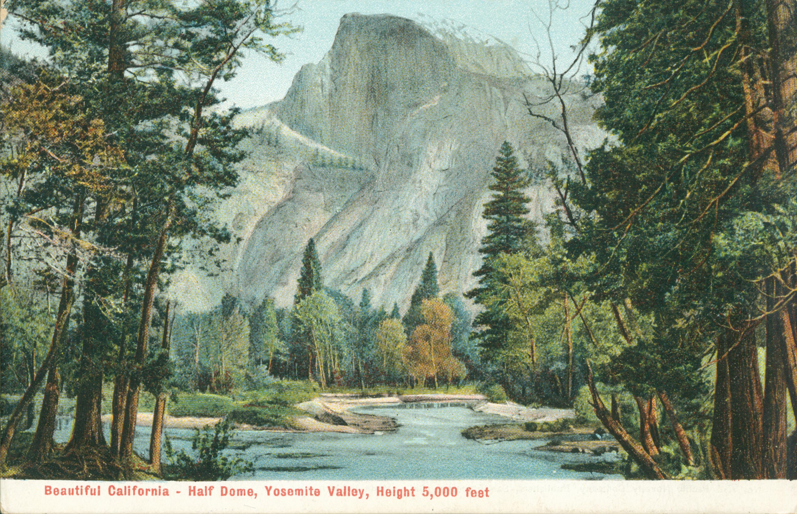 Shows Half Dome looming above a tree-lined river