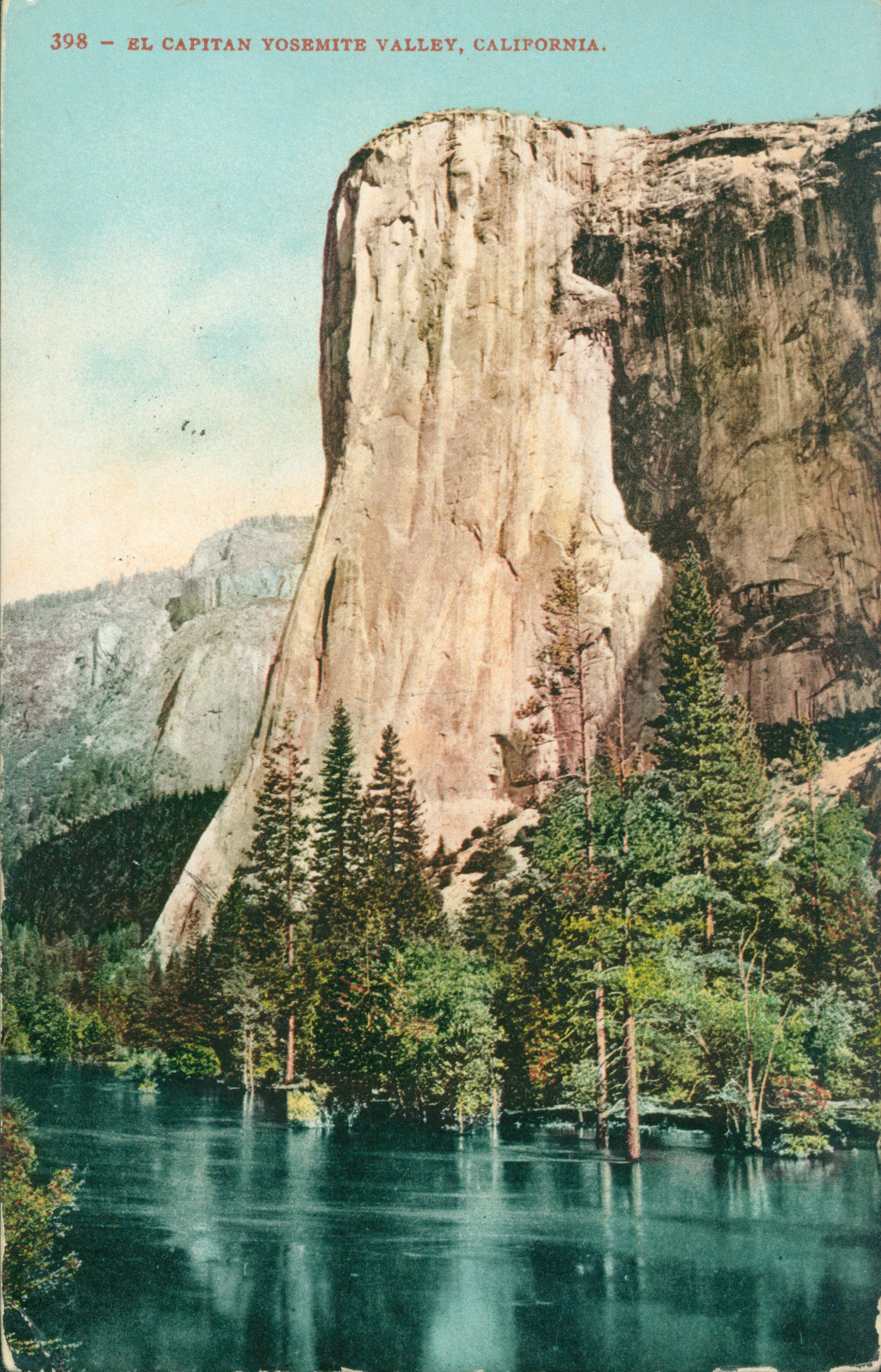 Shows El Capitan looming above a tree-lined river